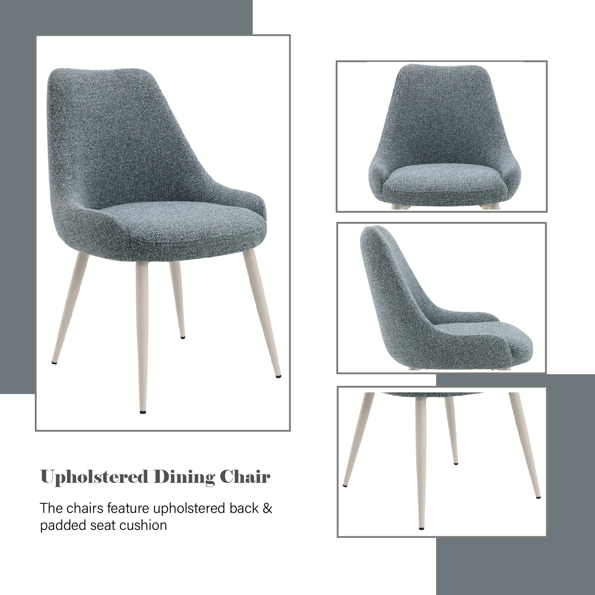 Textured blue upholstered dining chair with light wood tapered legs