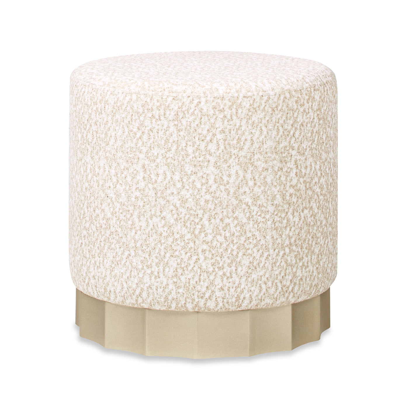 Textured beige ottoman with a geometric gold base for living rooms