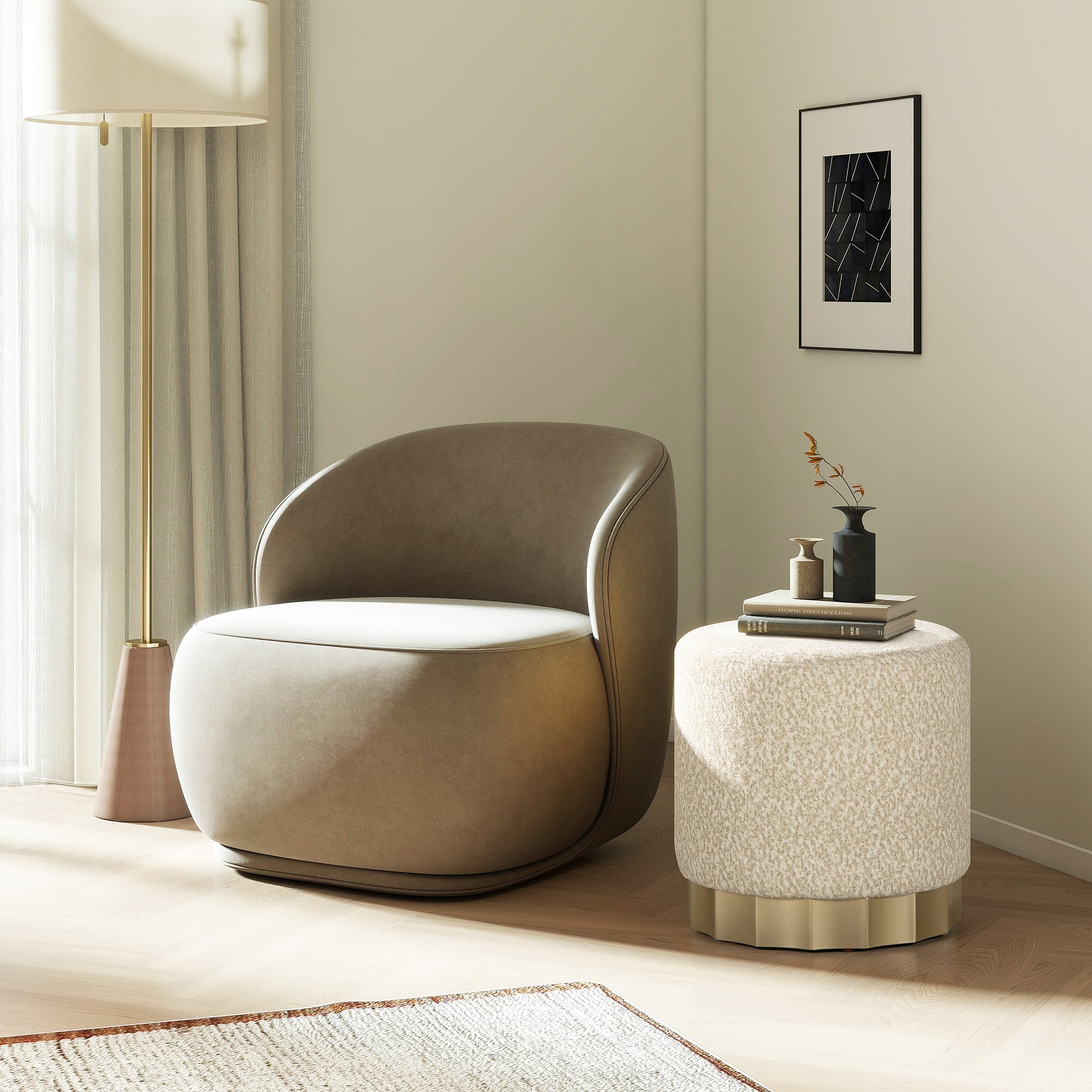 Plush boucle ottoman with gold fluted base perfect accent furniture for living rooms