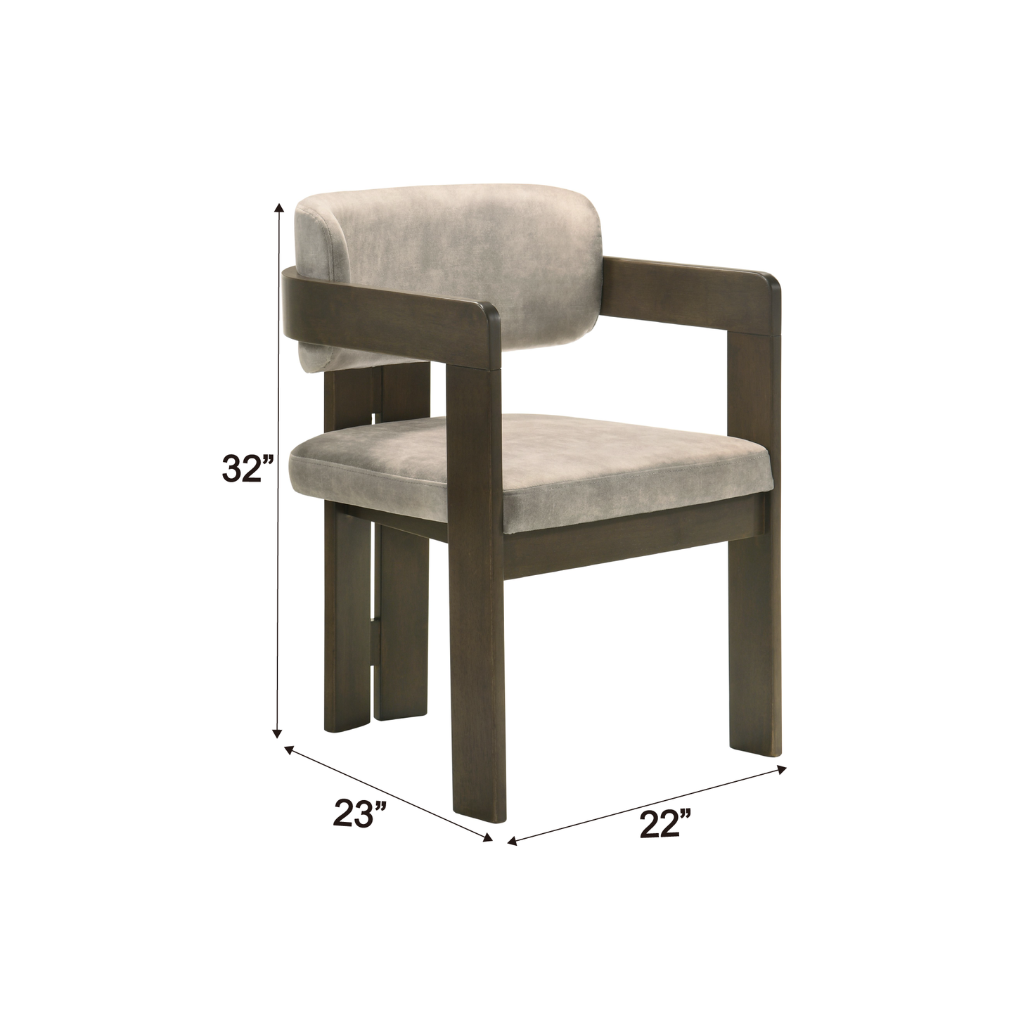 Armchair with plush grey fabric seat and back set on dark wood frame