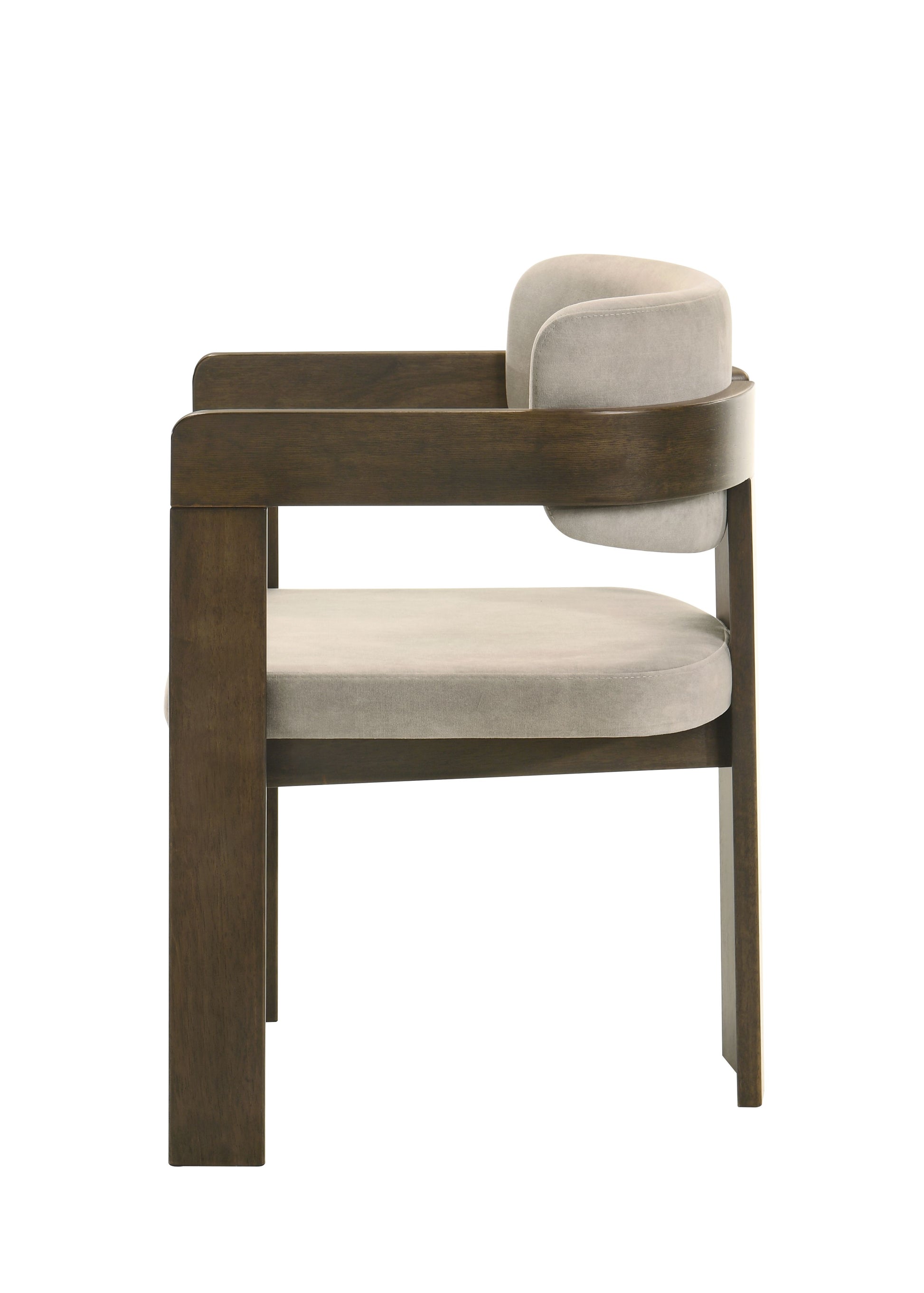 Modern upholstered accent chair with wooden frame and soft grey fabric
