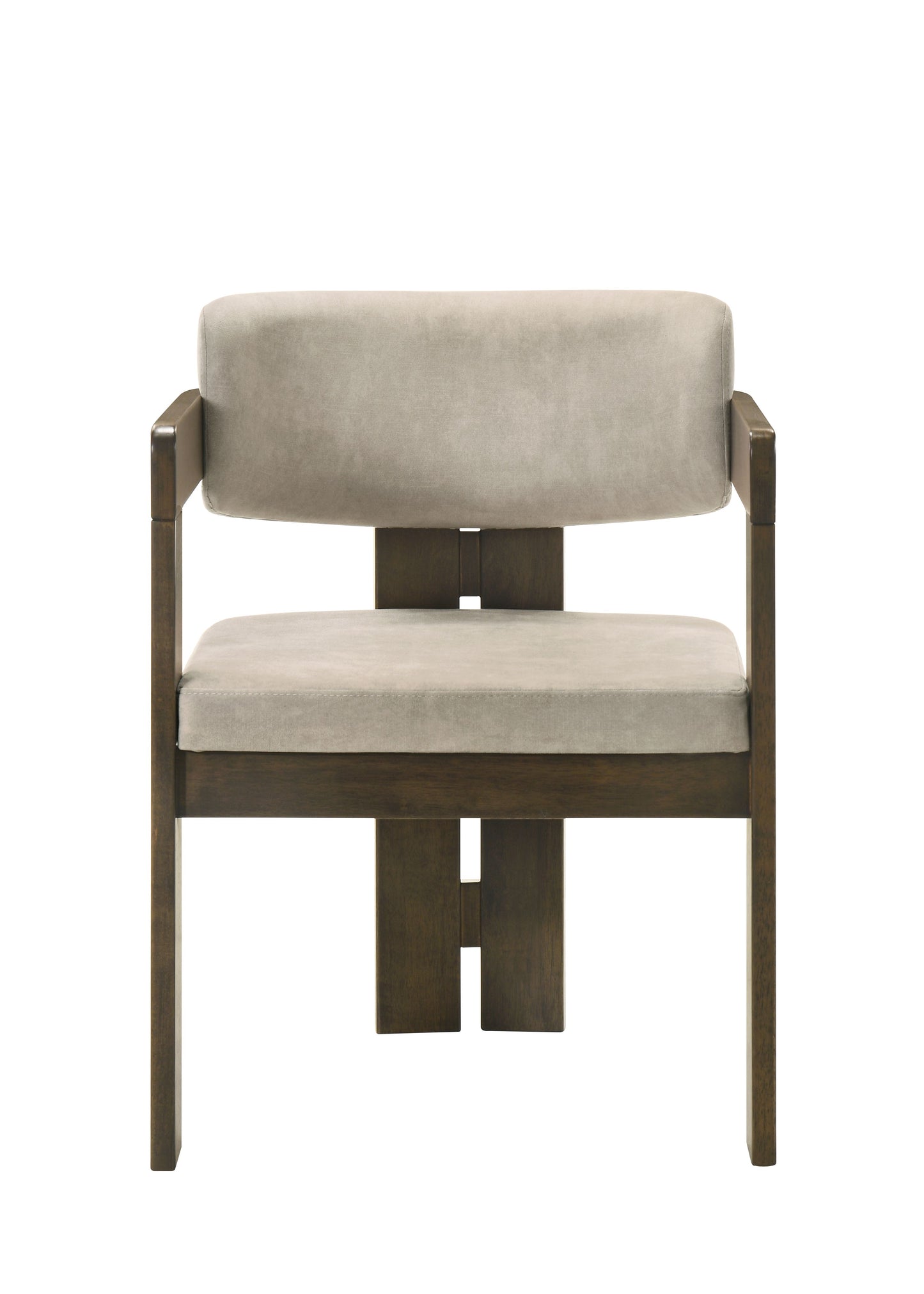 Modern armchair with plush beige upholstery and dark wood frame