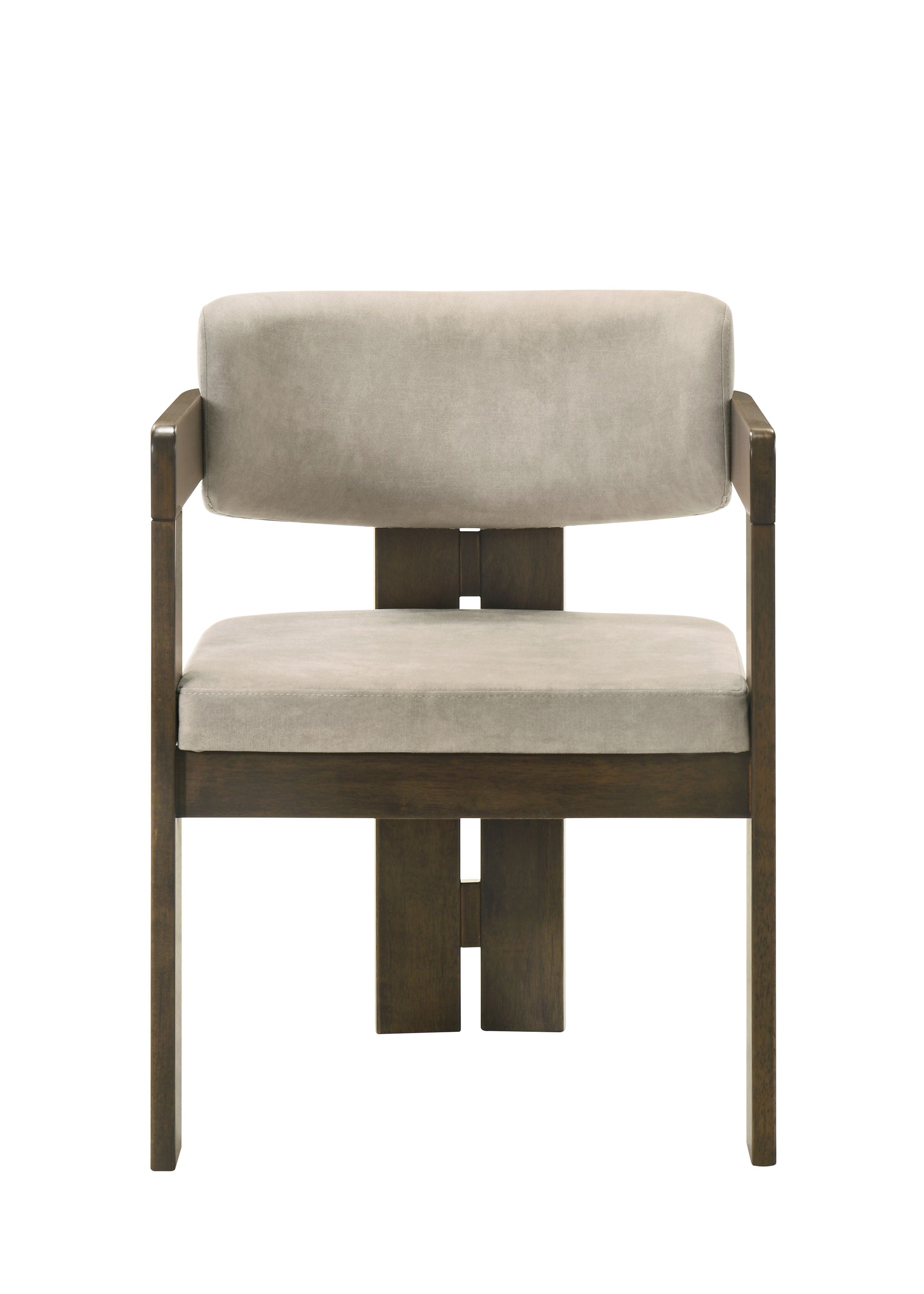 Modern armchair with plush beige upholstery and dark wood frame