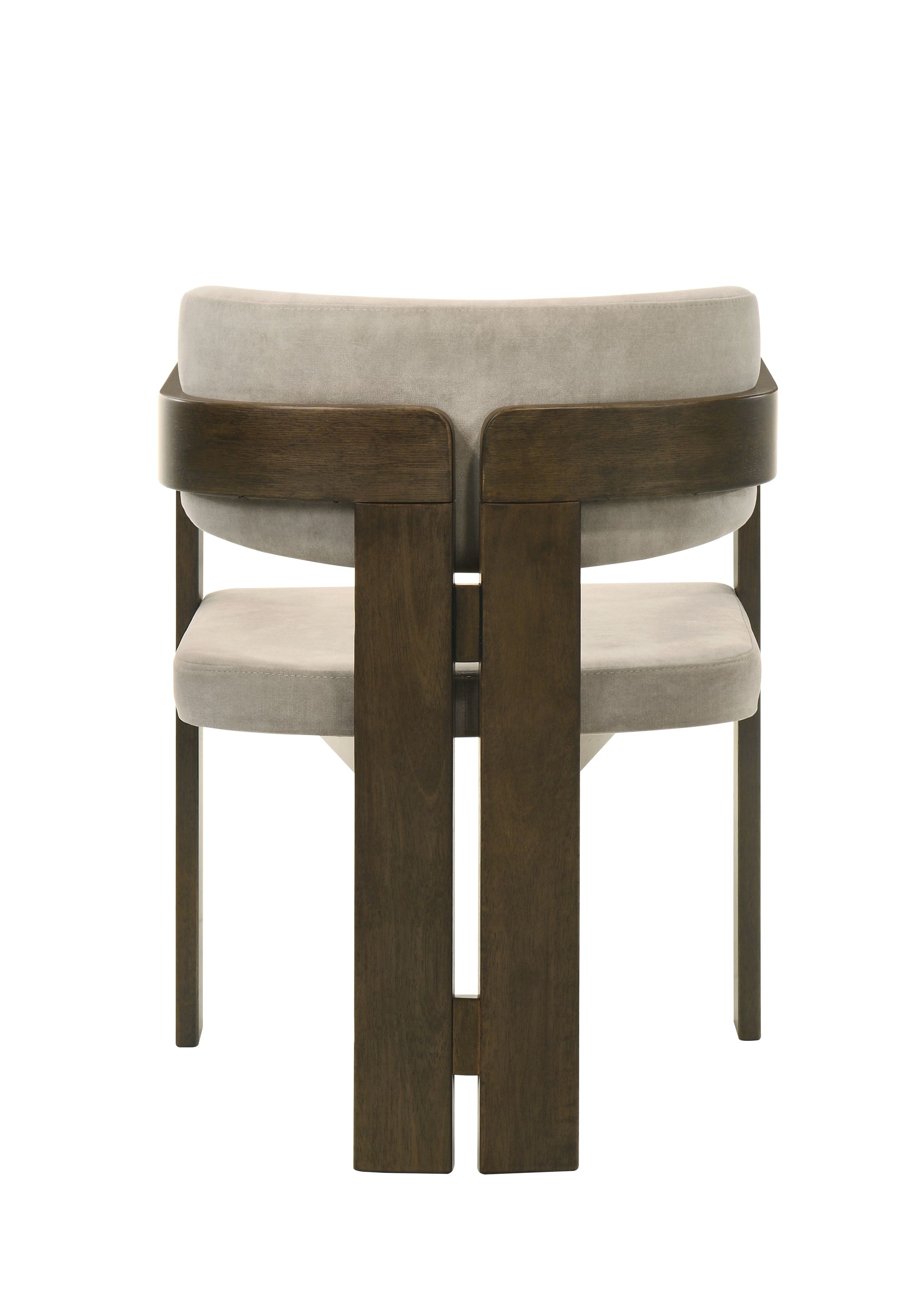 Gray upholstered accent chair with dark wood frame and curved armrests