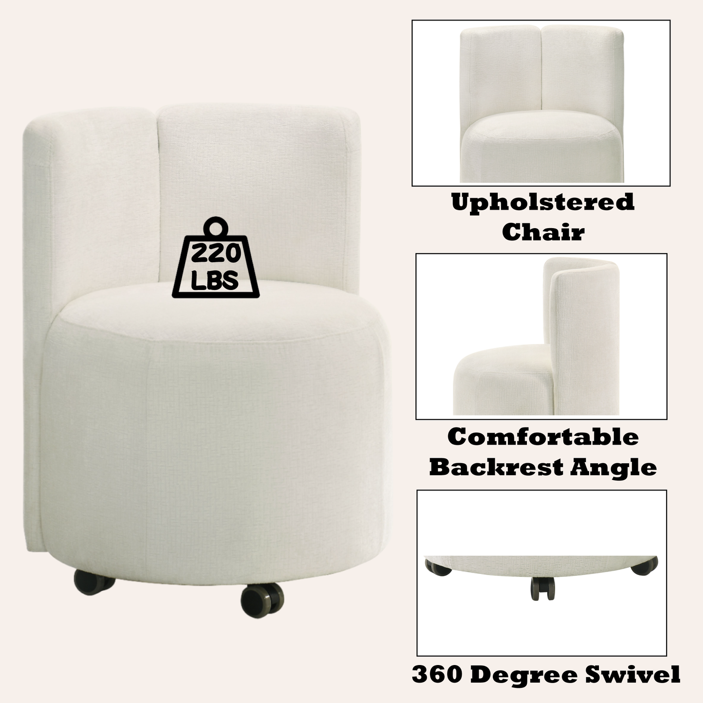 Cream upholstered chair with  lbs weight capacity on casters