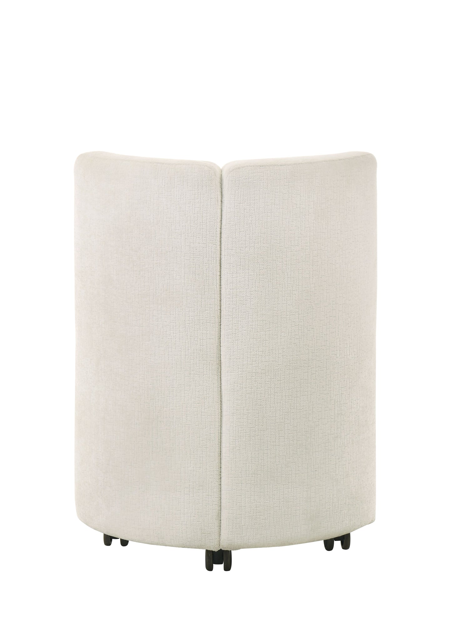 Back view of a curved cream upholstered accent chair with subtle woven texture and black legs