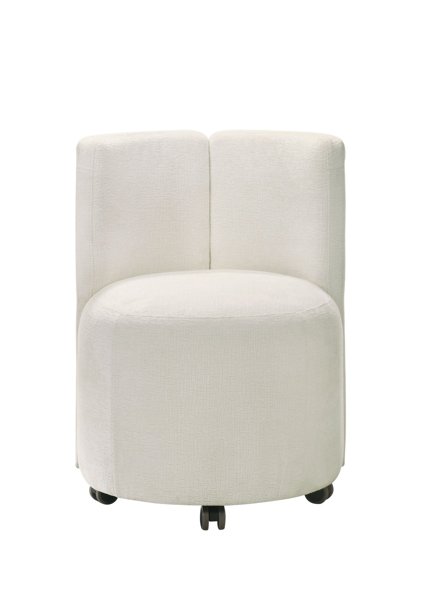 Textured cream accent chair with rounded seat and subtle geometric pattern featuring casters for mobility