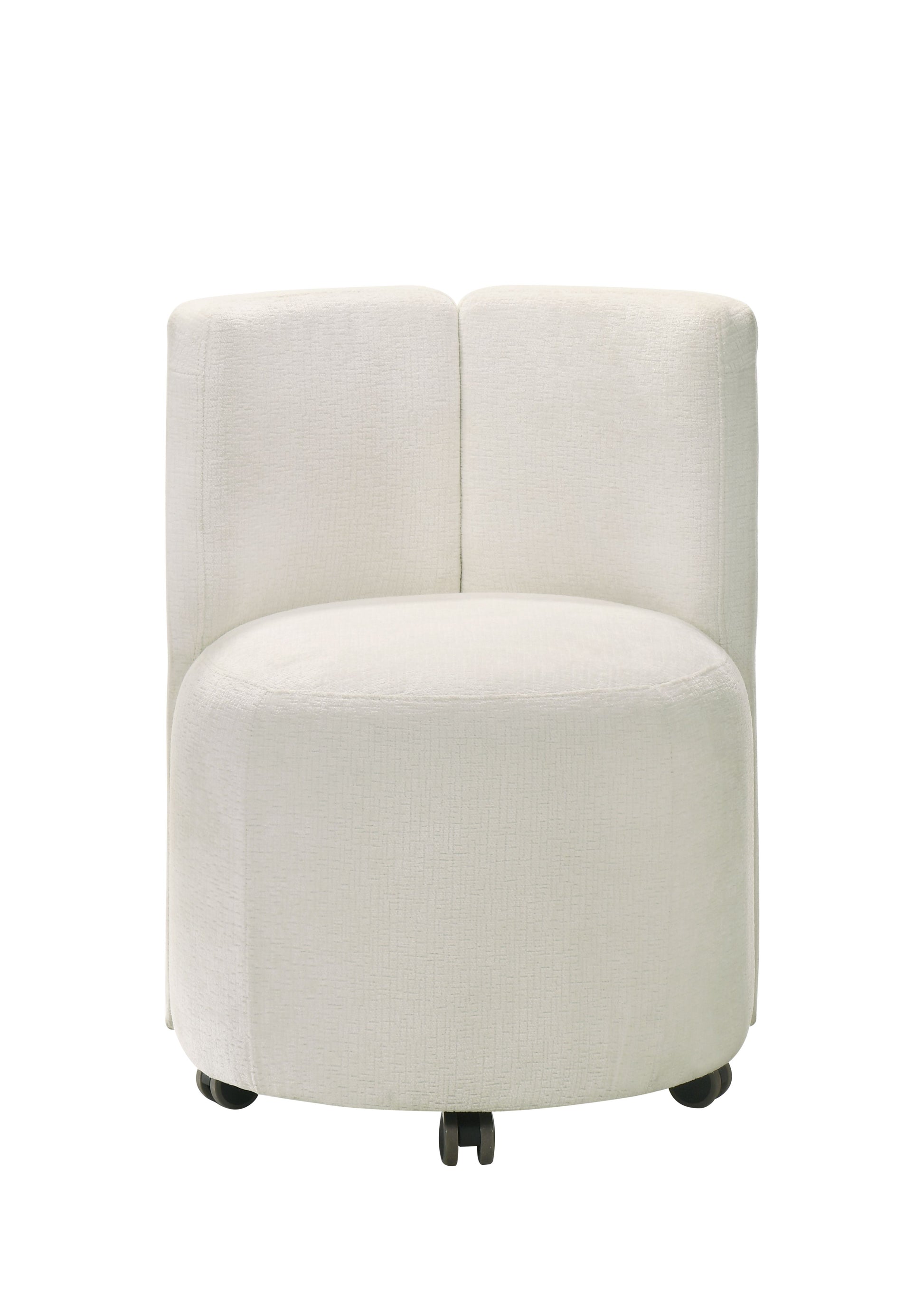 Textured cream accent chair with rounded seat and subtle geometric pattern featuring casters for mobility