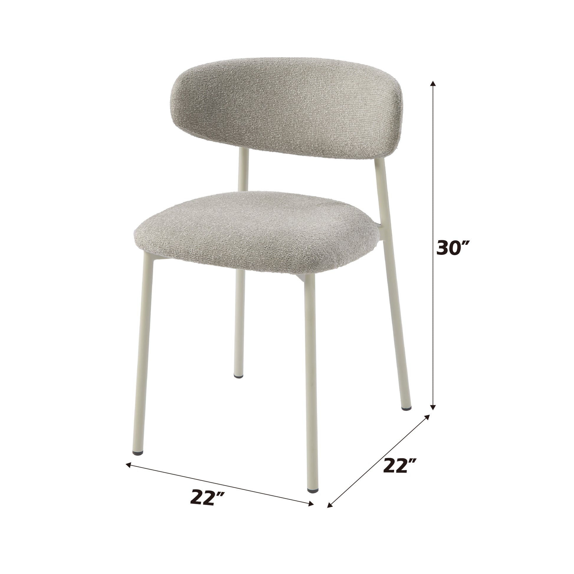 Modern boucle fabric chair with a rounded back and slender ivory metal legs perfect for dining rooms