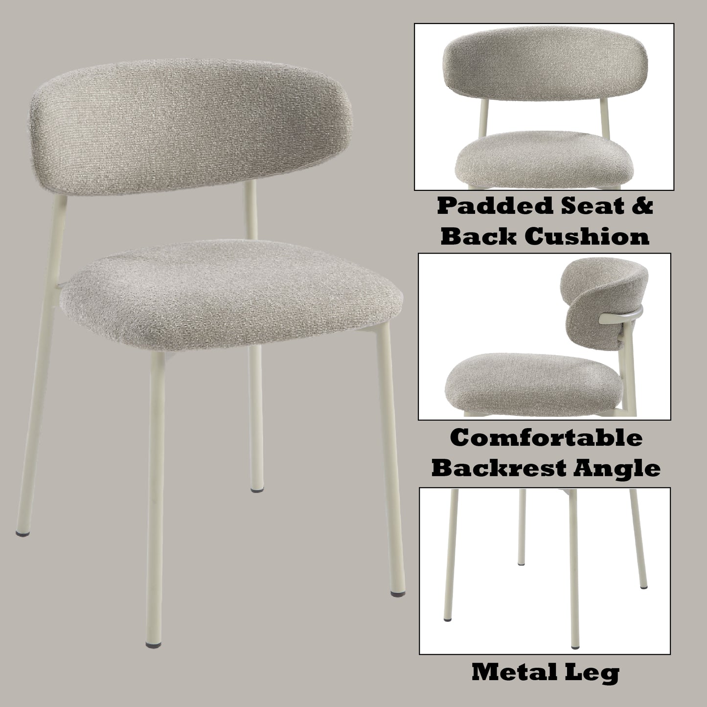 Textured light grey upholstered accent chair with slim metal legs