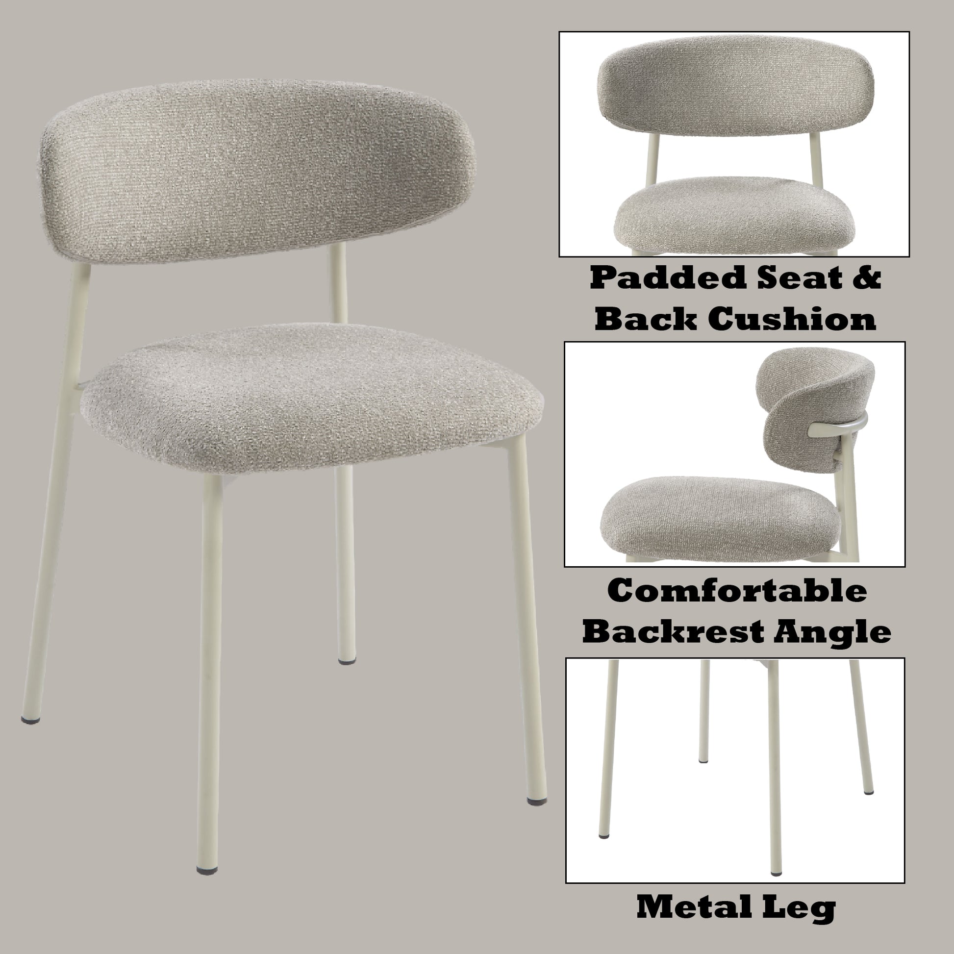 Textured light grey upholstered accent chair with slim metal legs