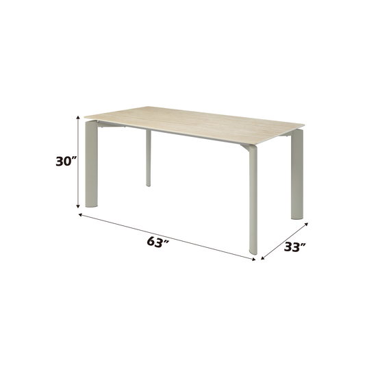 Modern dining table with light wood veneer top and grey metal legs