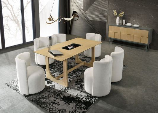 Modern dining set with six cream boucle dining chairs and a light wood dining table