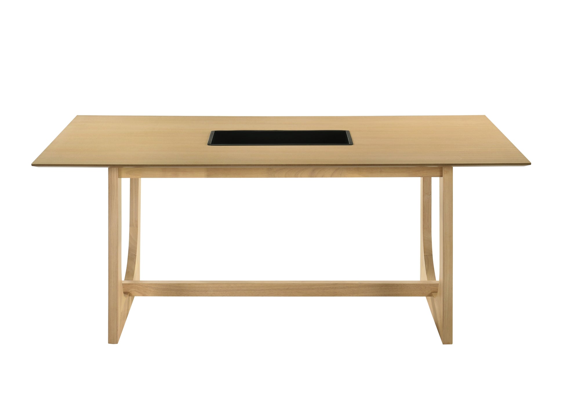 Minimalist light wood dining table with recessed black tabletop section