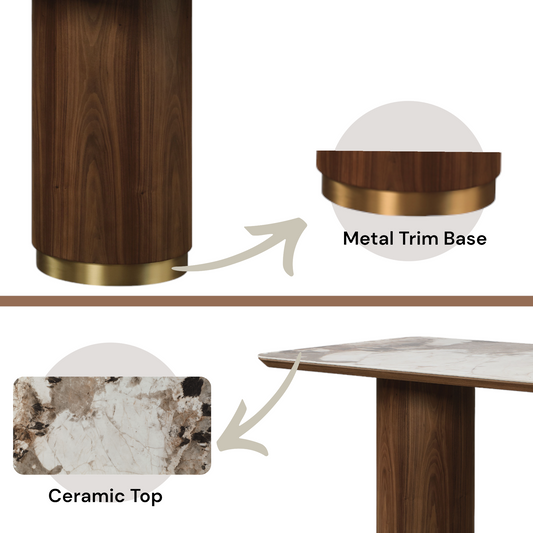 Wooden dining table base with a modern brass trim for a luxurious feel