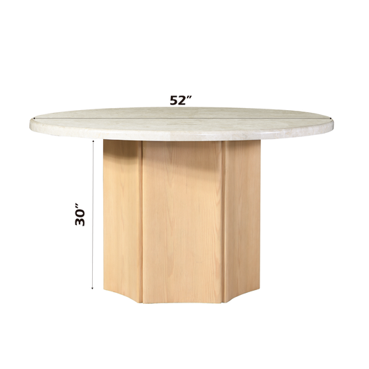 Round dining table with a cream marble top and light wood pedestal base  inches wide