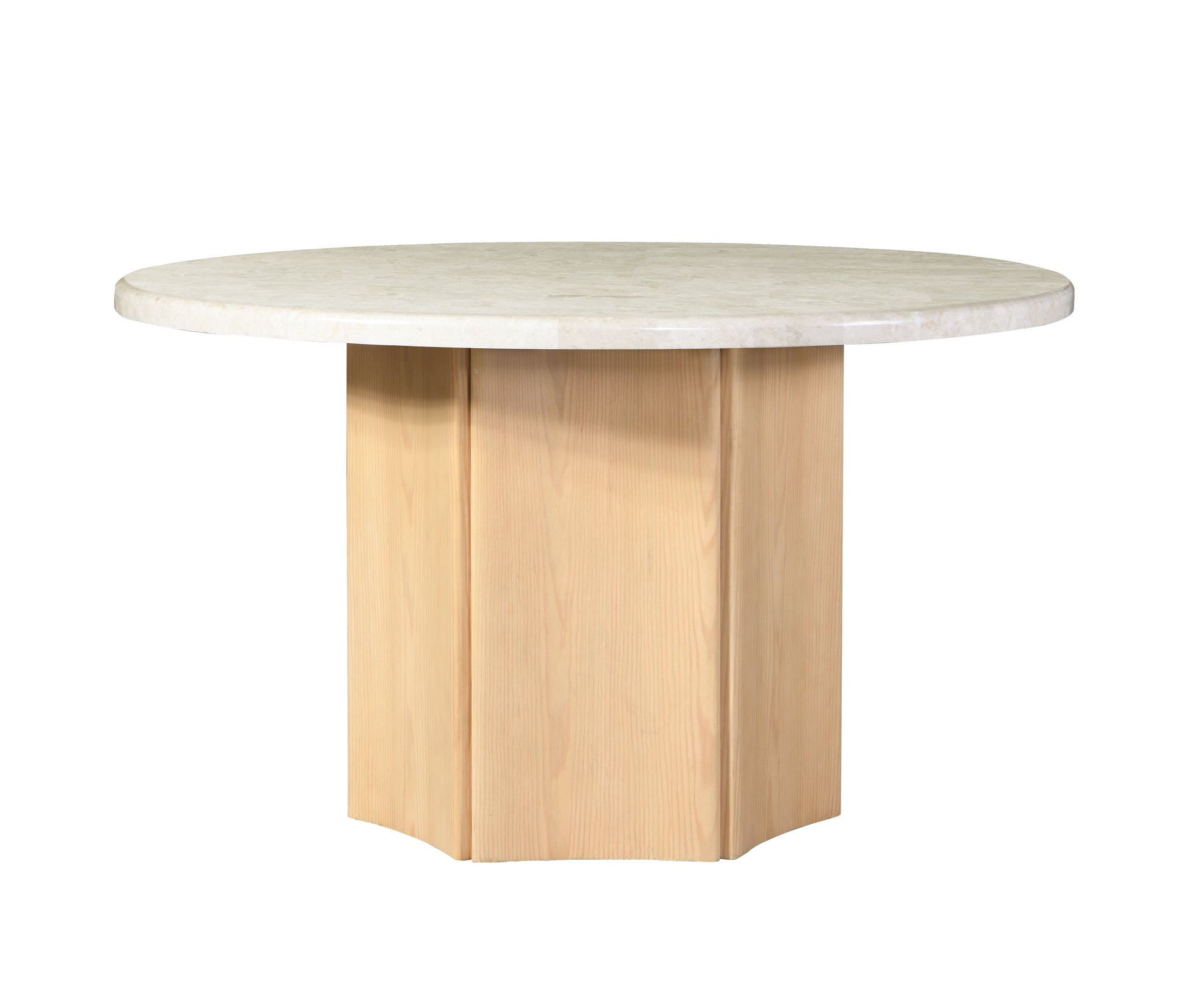 Round marble top dining table with a light wood pedestal base