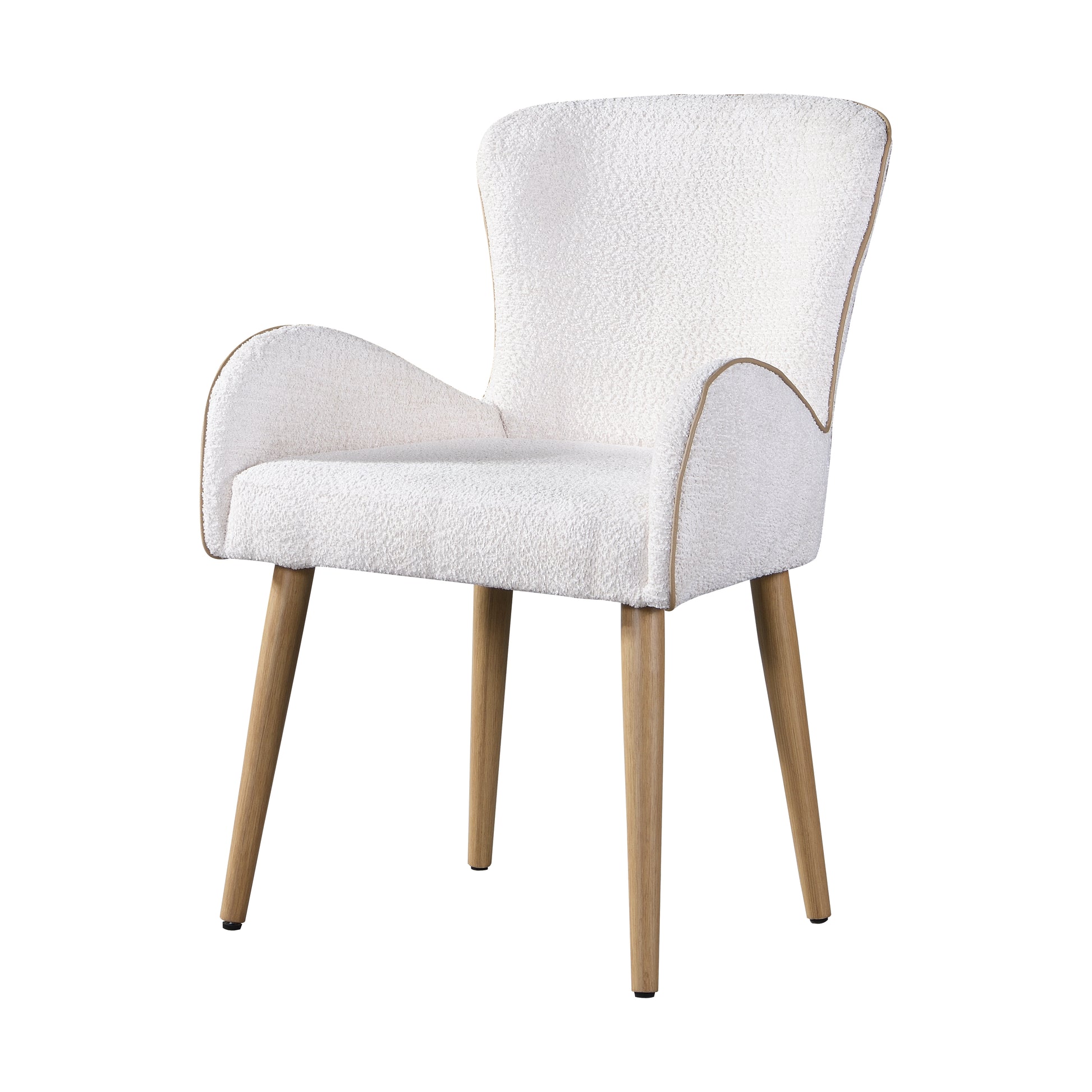 Boucl armchair in cream white with gold trim and light wood legs a stylish accent chair