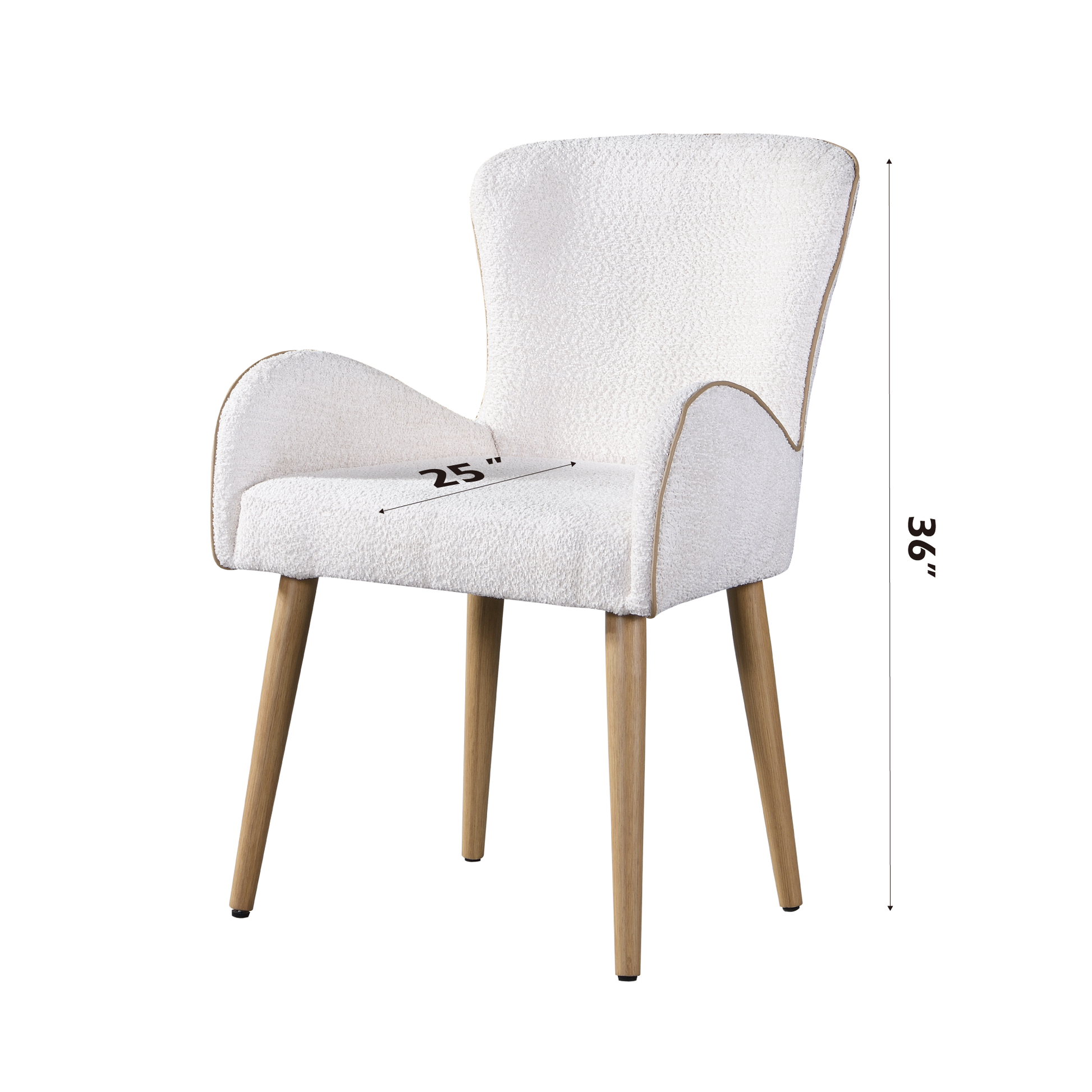 Plush white boucle fabric dining chair with light wood legs and elegant trim