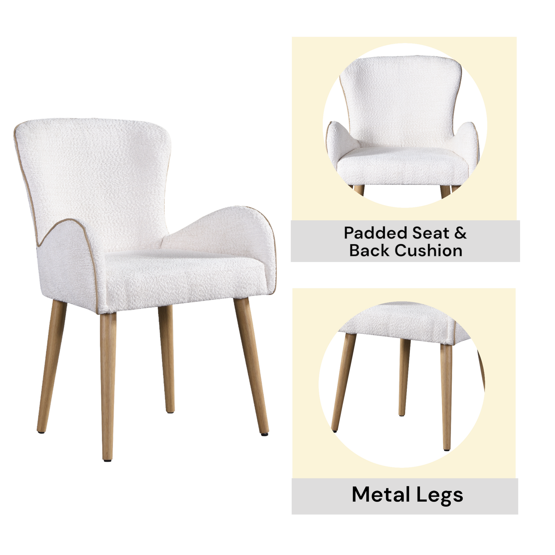 White boucle accent chair with natural wood legs