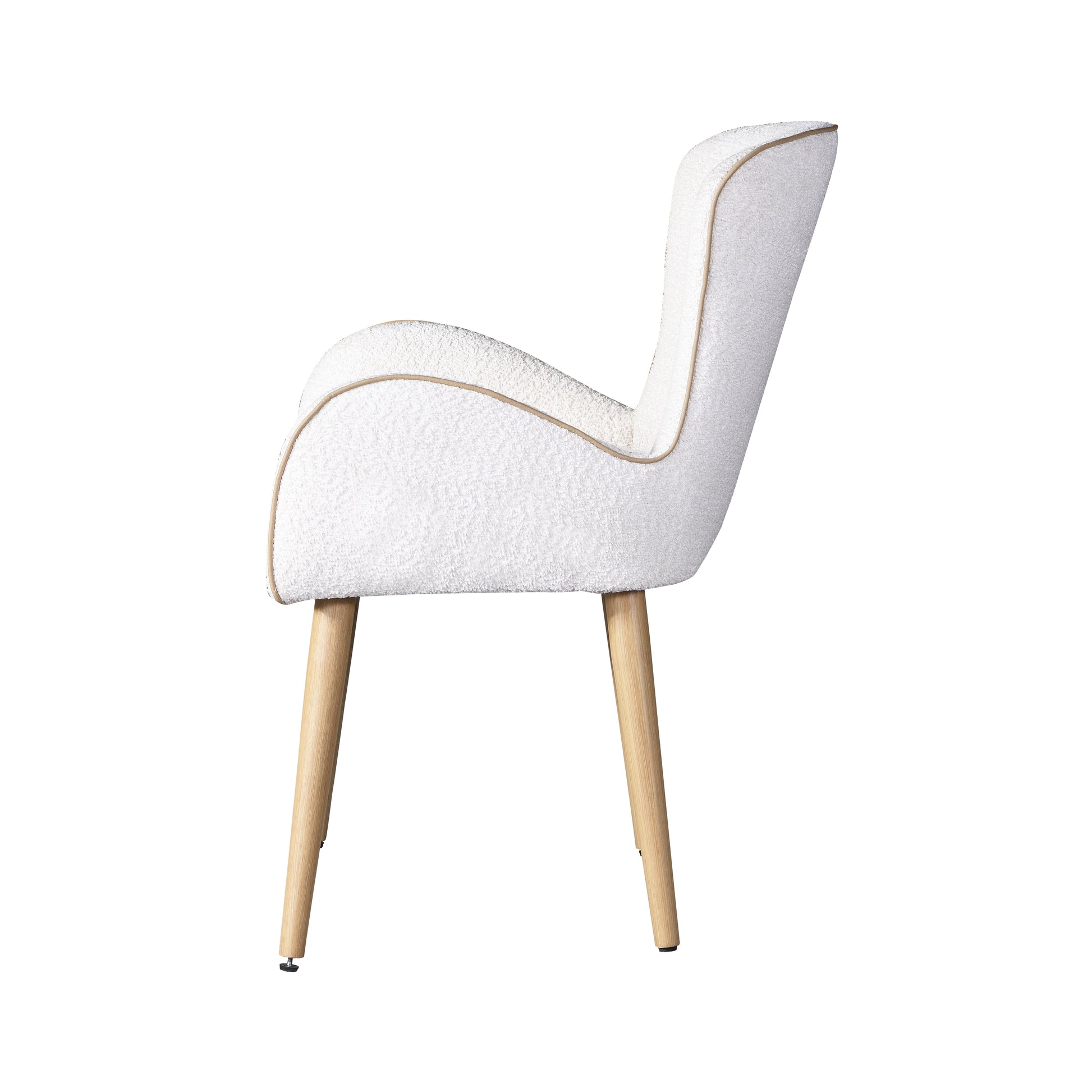 Textured white boucle accent chair with elegant gold trim and light wood legs