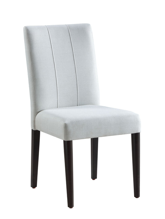 Light gray fabric accent chair with vertical stitching and dark wood legs