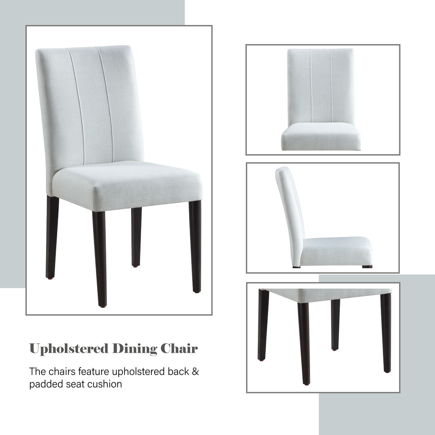 Light gray upholstered dining chair with vertical stitching on the back and dark wooden legs