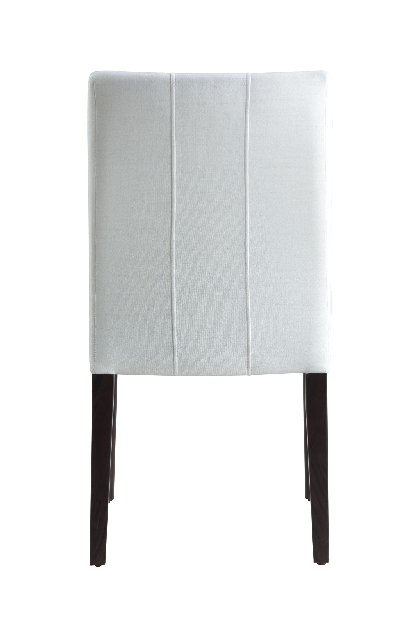 Modern upholstered dining chair in light gray with tufted backrest and dark wood legs