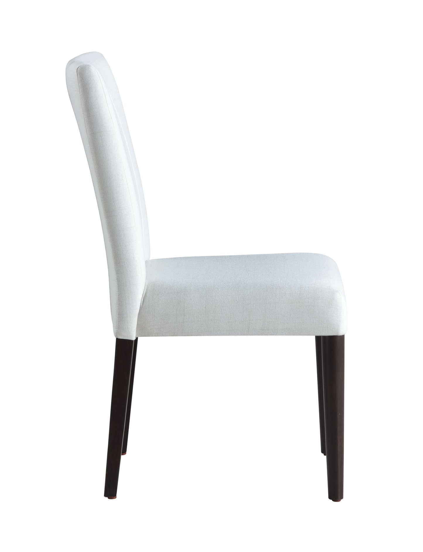 Side view of a white upholstered dining chair with dark wood legs