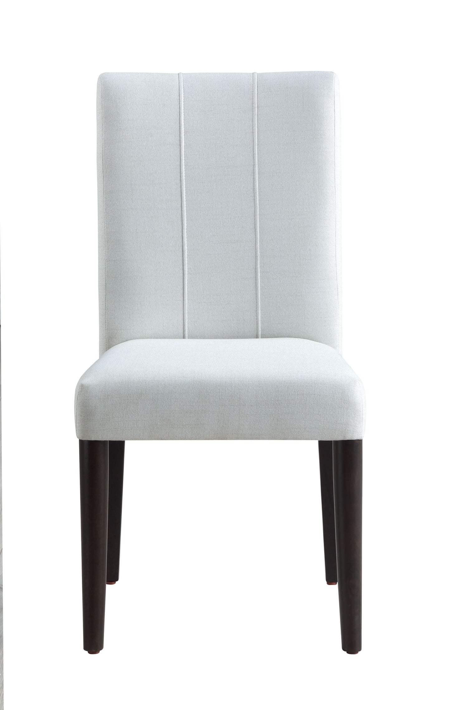 White upholstered dining chair with stitched back detail and dark wood legs