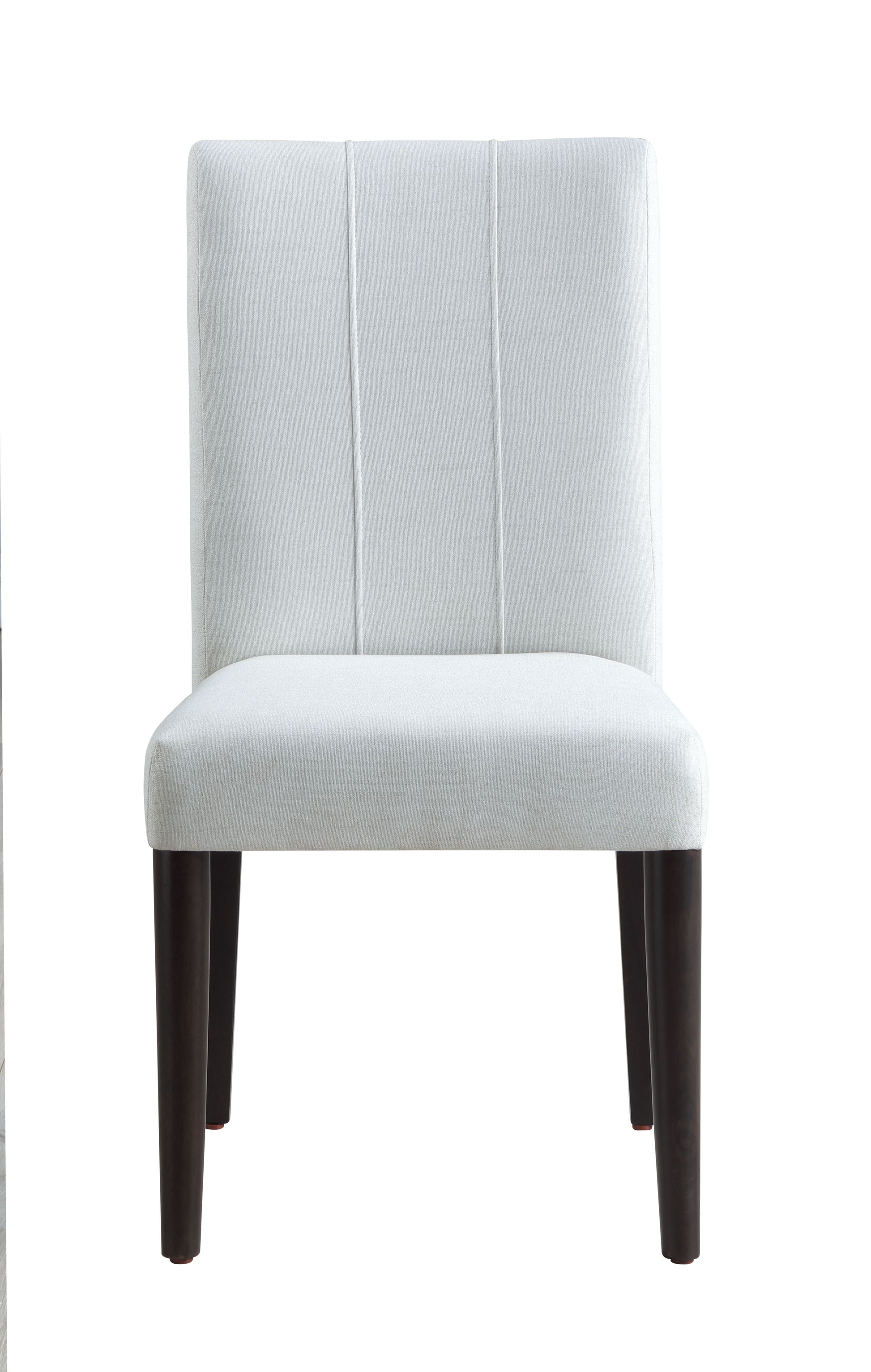 White upholstered dining chair with stitched back detail and dark wood legs