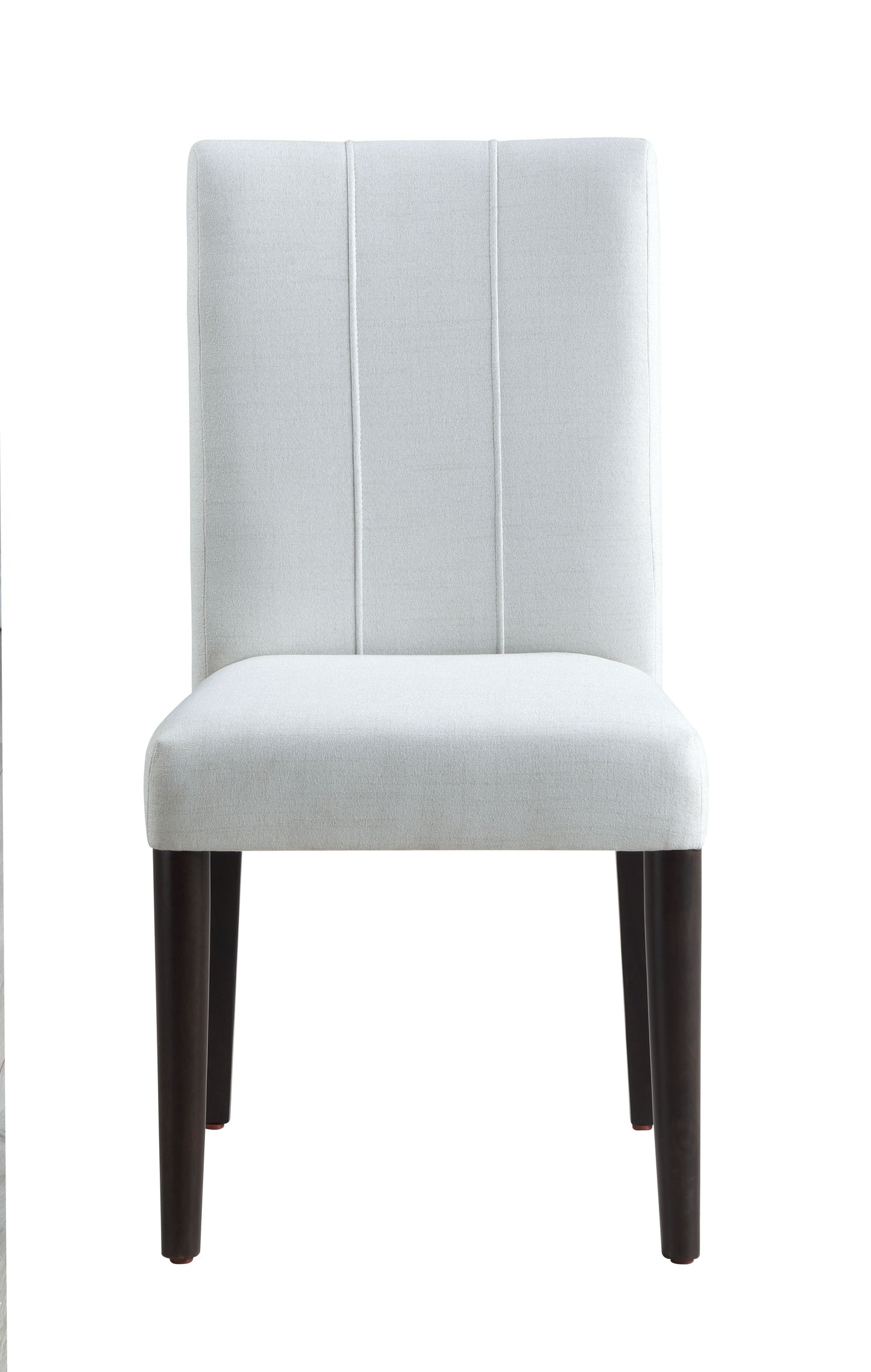 Upholstered dining chair in light gray fabric with three vertical seams and dark wood legs