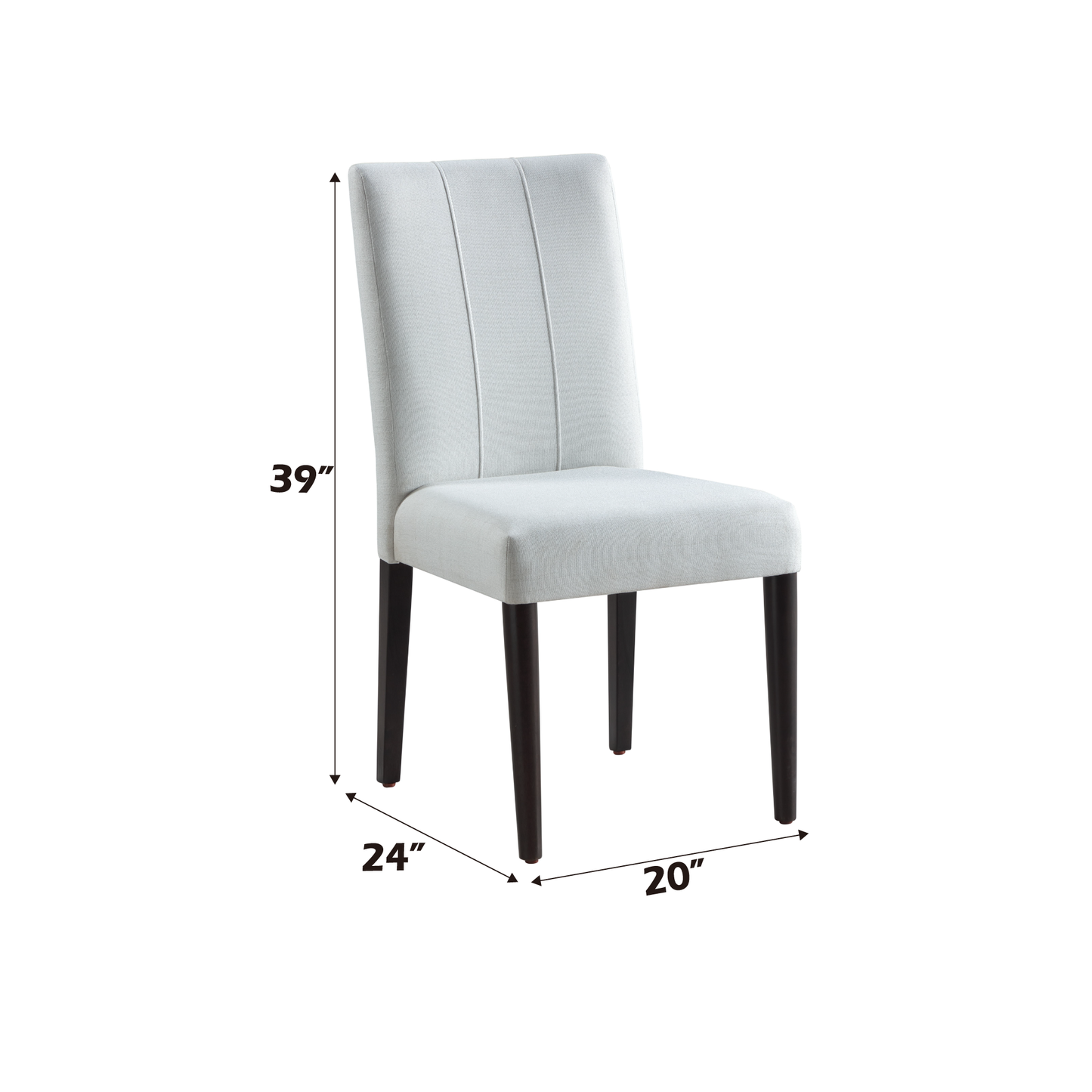 Light grey upholstered dining chair with dark wood legs and vertical stitching detail