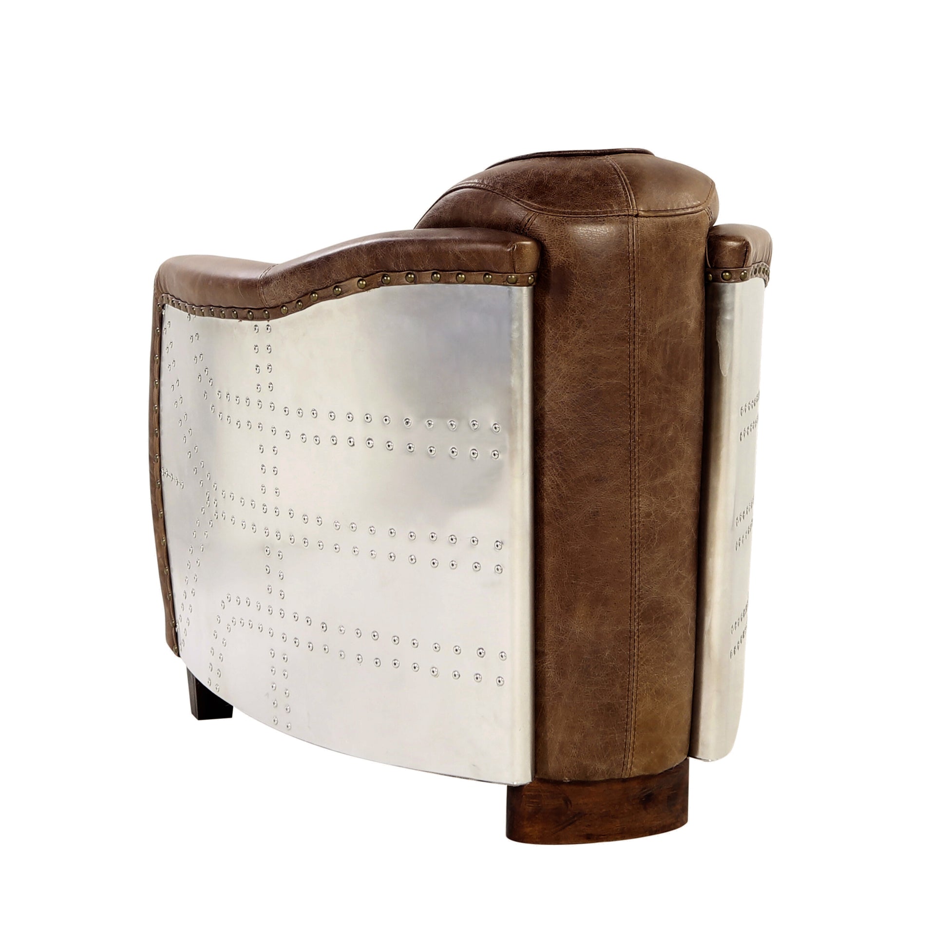 Brown leather aviator armchair with riveted aluminum side panels and dark wood legs