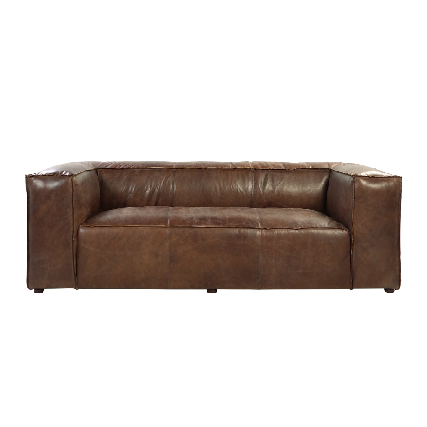 Distressed brown leather sofa with deep seat cushions and modern squared arms