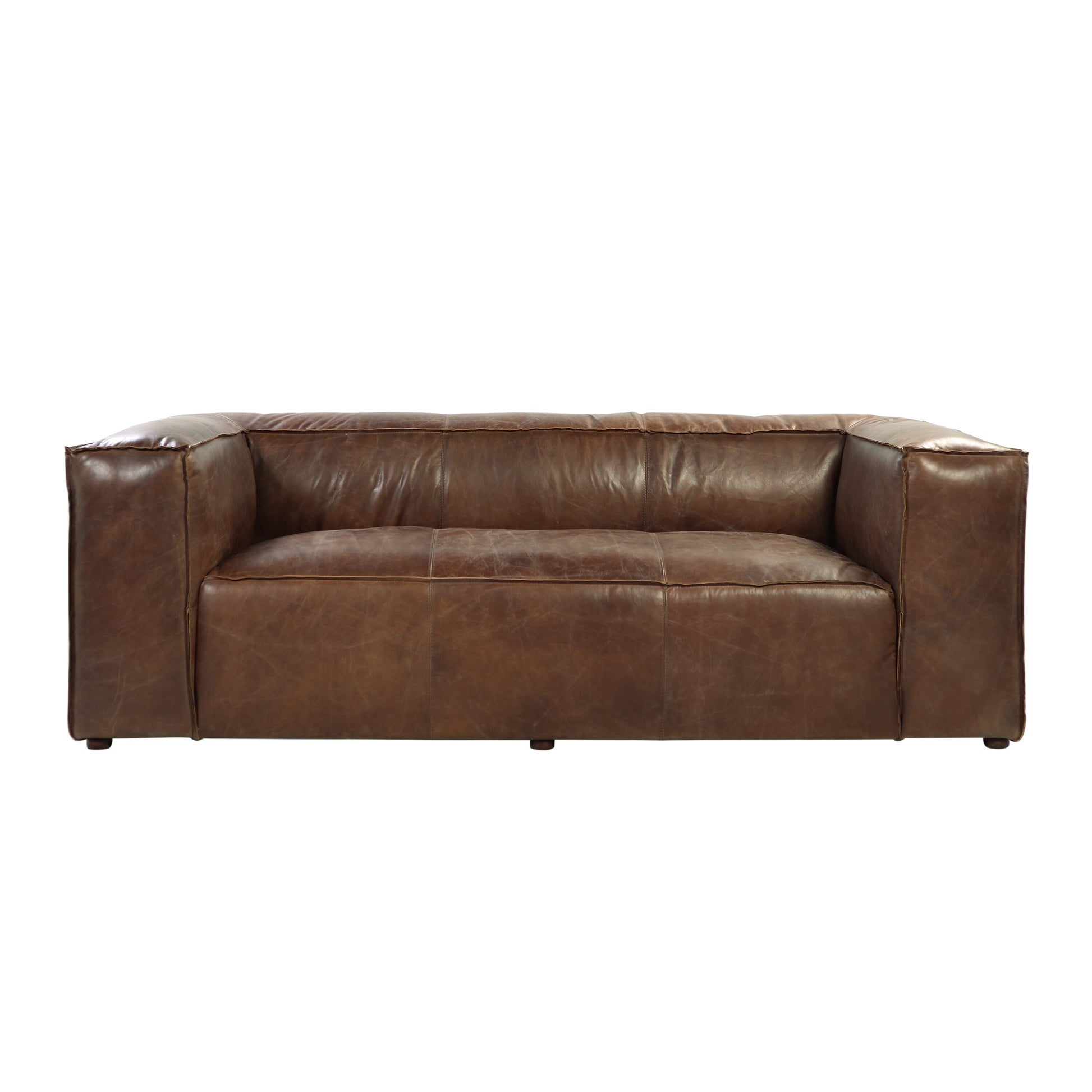 Distressed brown leather sofa with deep seat cushions and modern squared arms