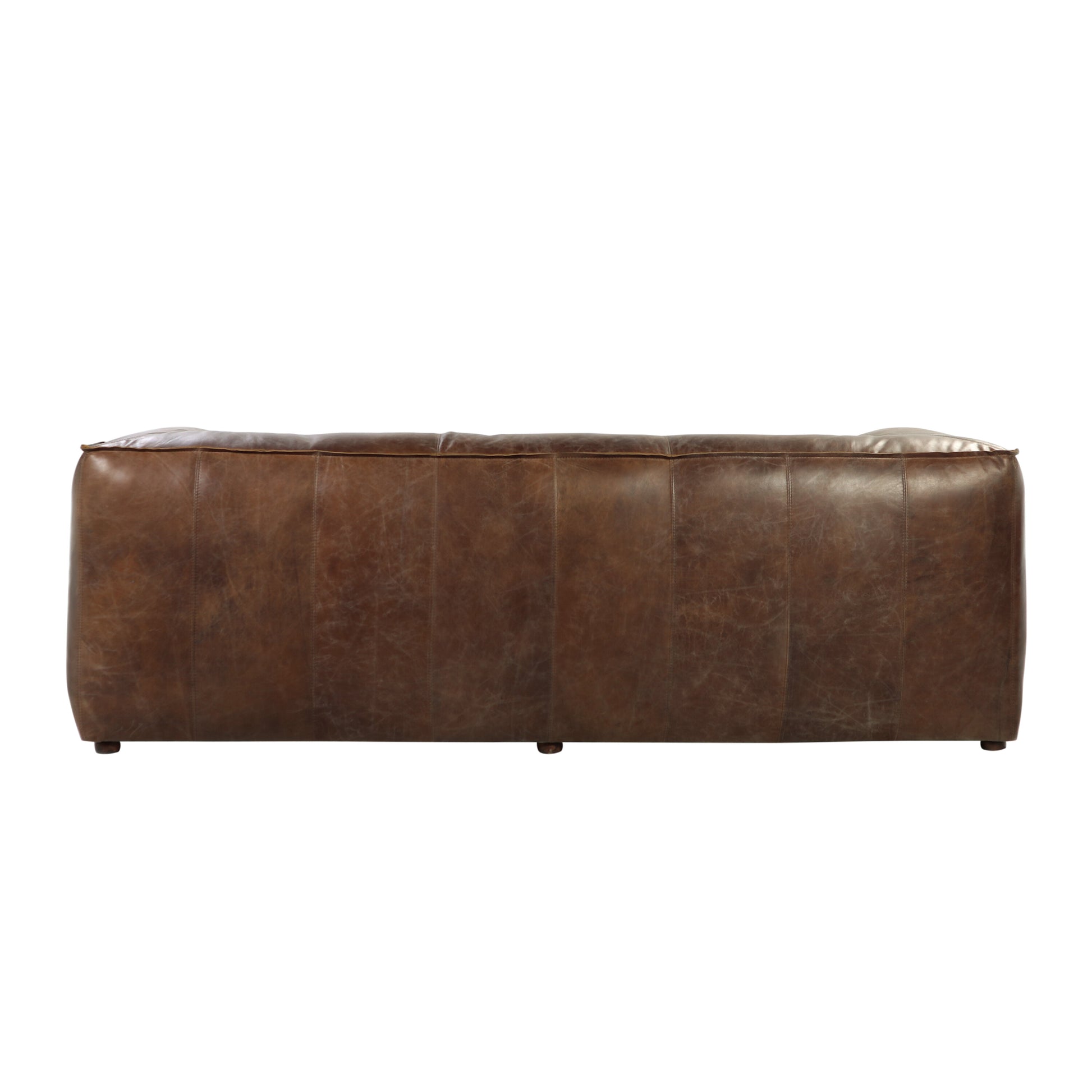Back view of a distressed brown leather threeseater sofa with button tufting