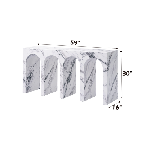 Modern white marble console table with four arched openings for entryway decor
