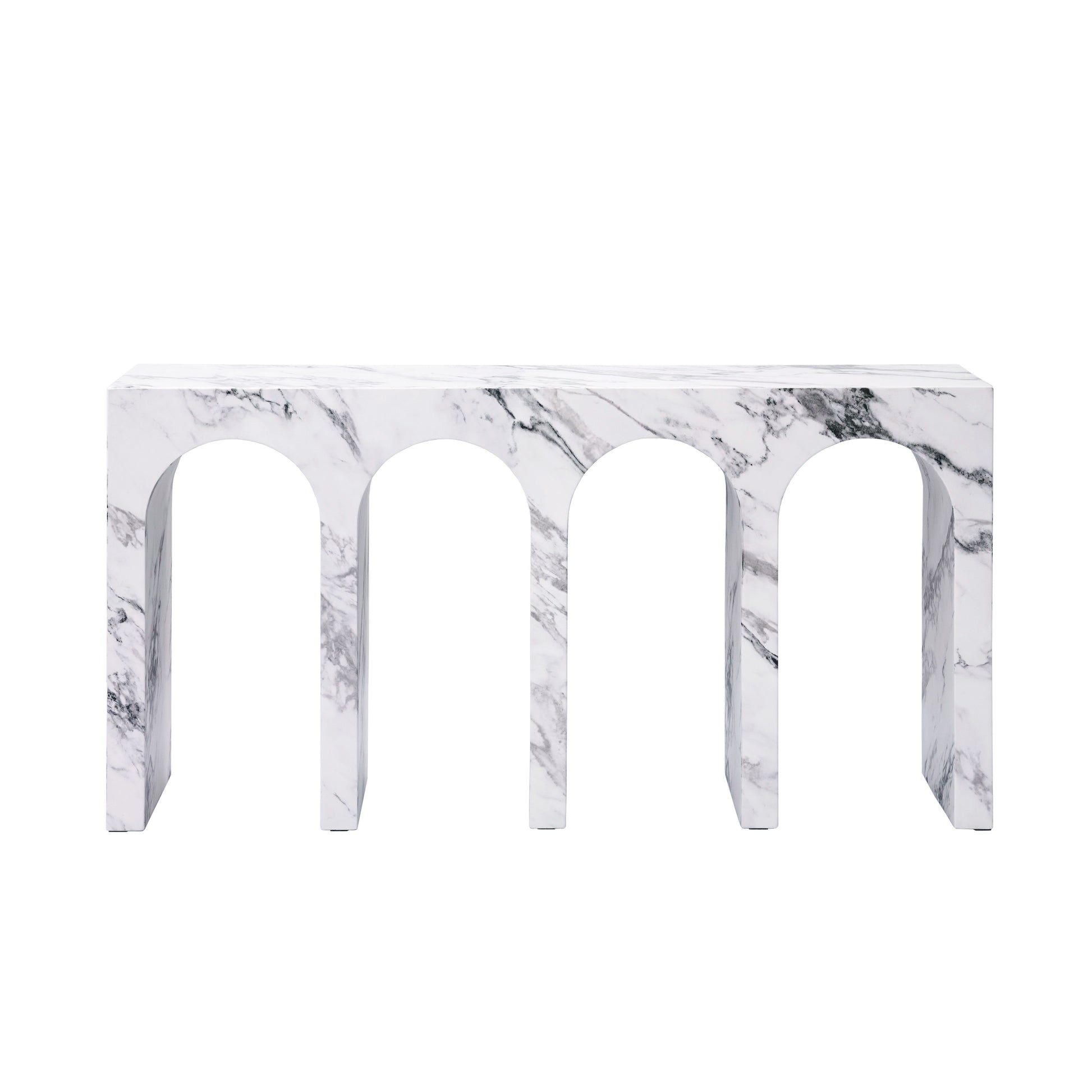 White marble console table with four arched legs and grey veining