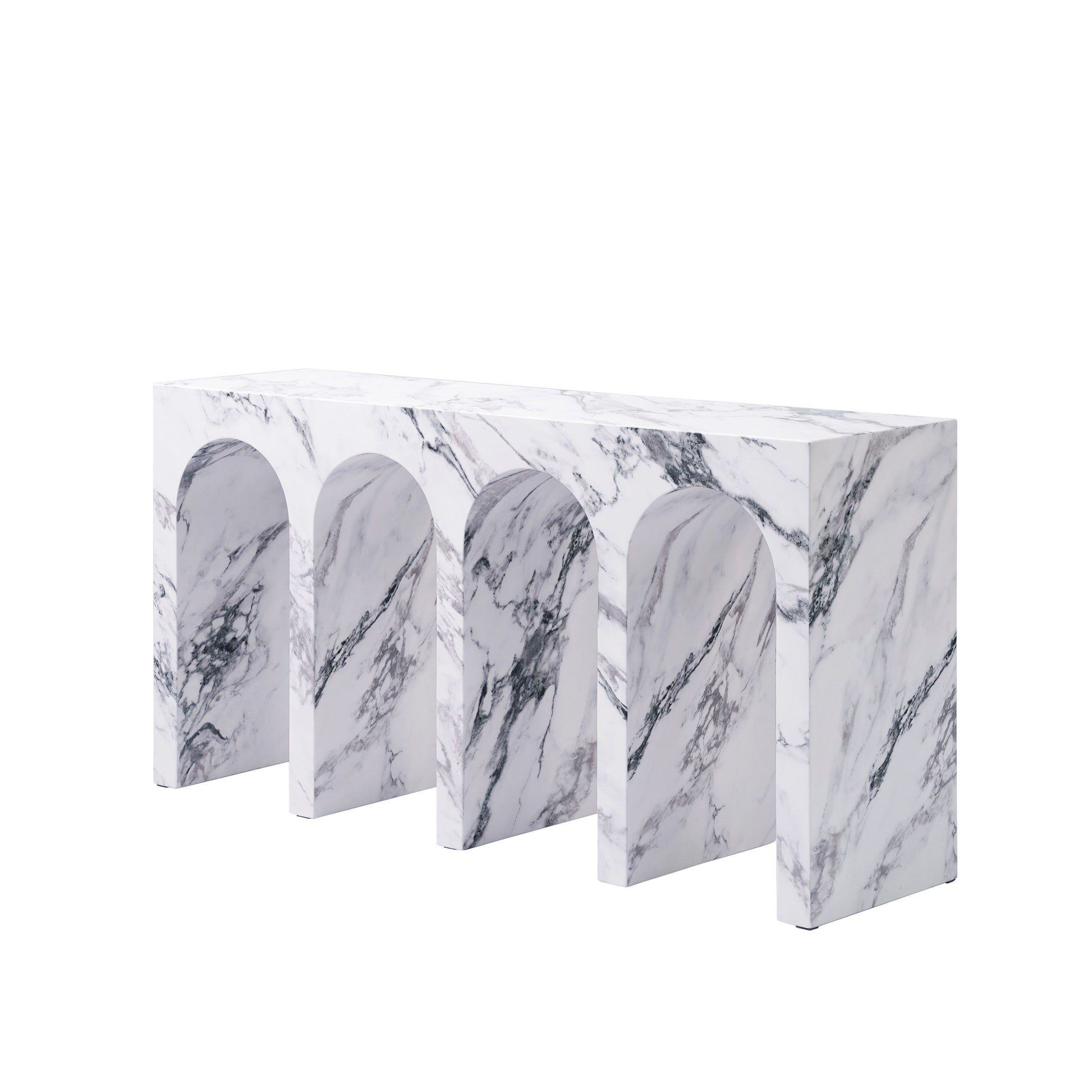 White marble console table with arched openings and a modern design