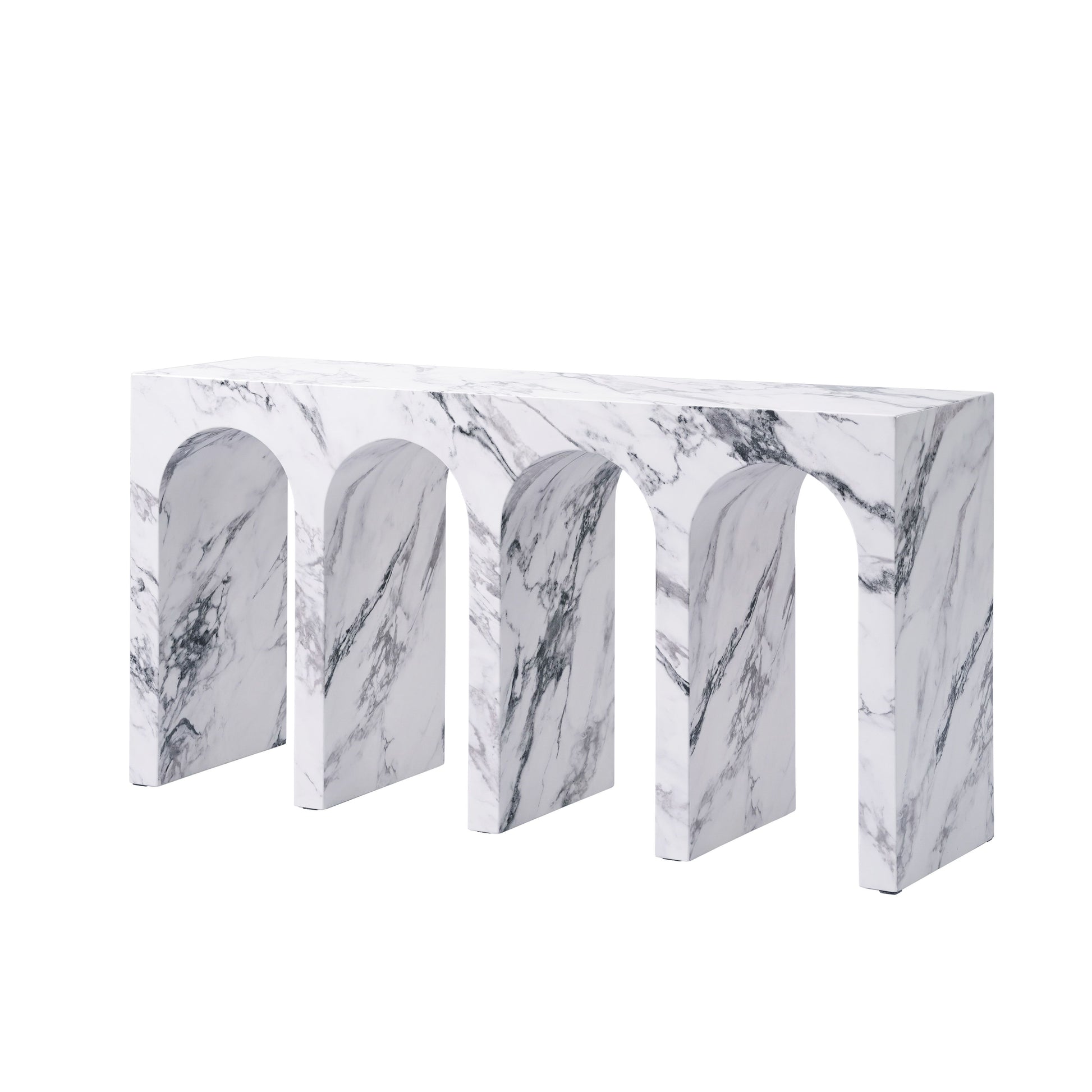 White marble console table with arched legs for modern entryways