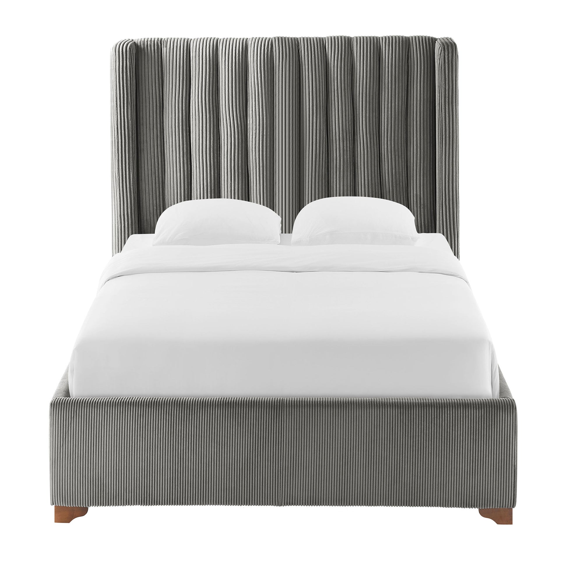 Modern grey corduroy platform bed with plush headboard and white linens
