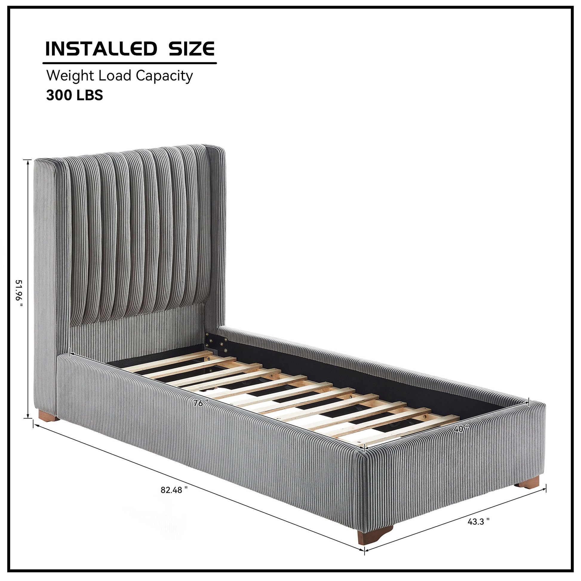 Gray corduroy upholstered twin bed frame with vertical channel tufting on headboard and sides