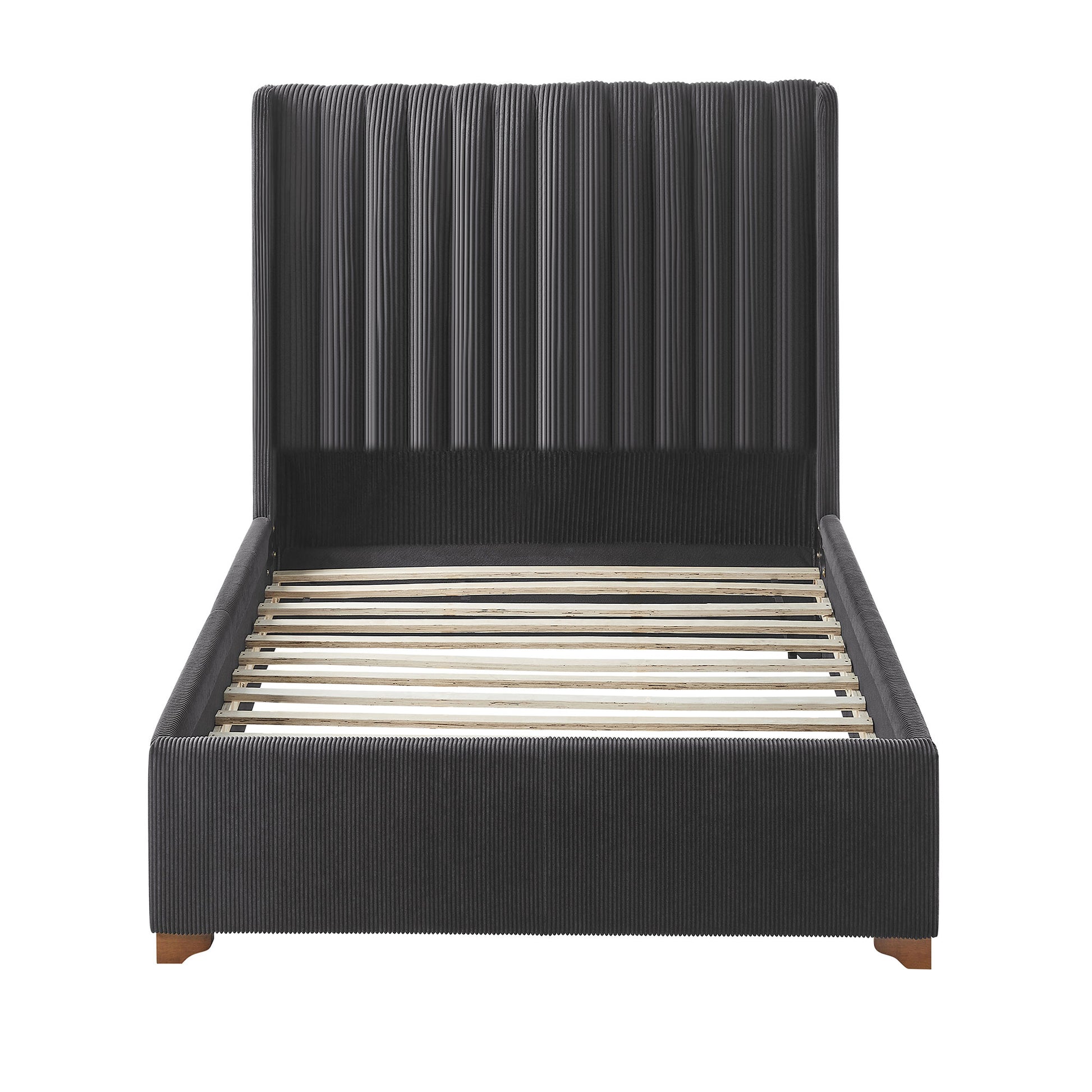 Dark grey upholstered platform bed frame with ribbed headboard and wooden slats