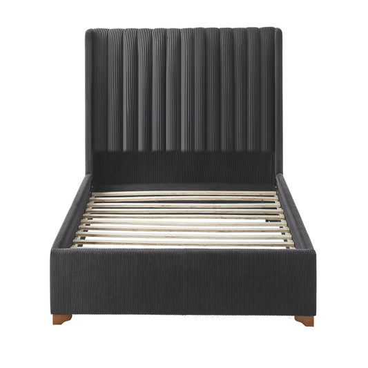 Dark grey upholstered platform bed frame with ribbed headboard and wooden slats