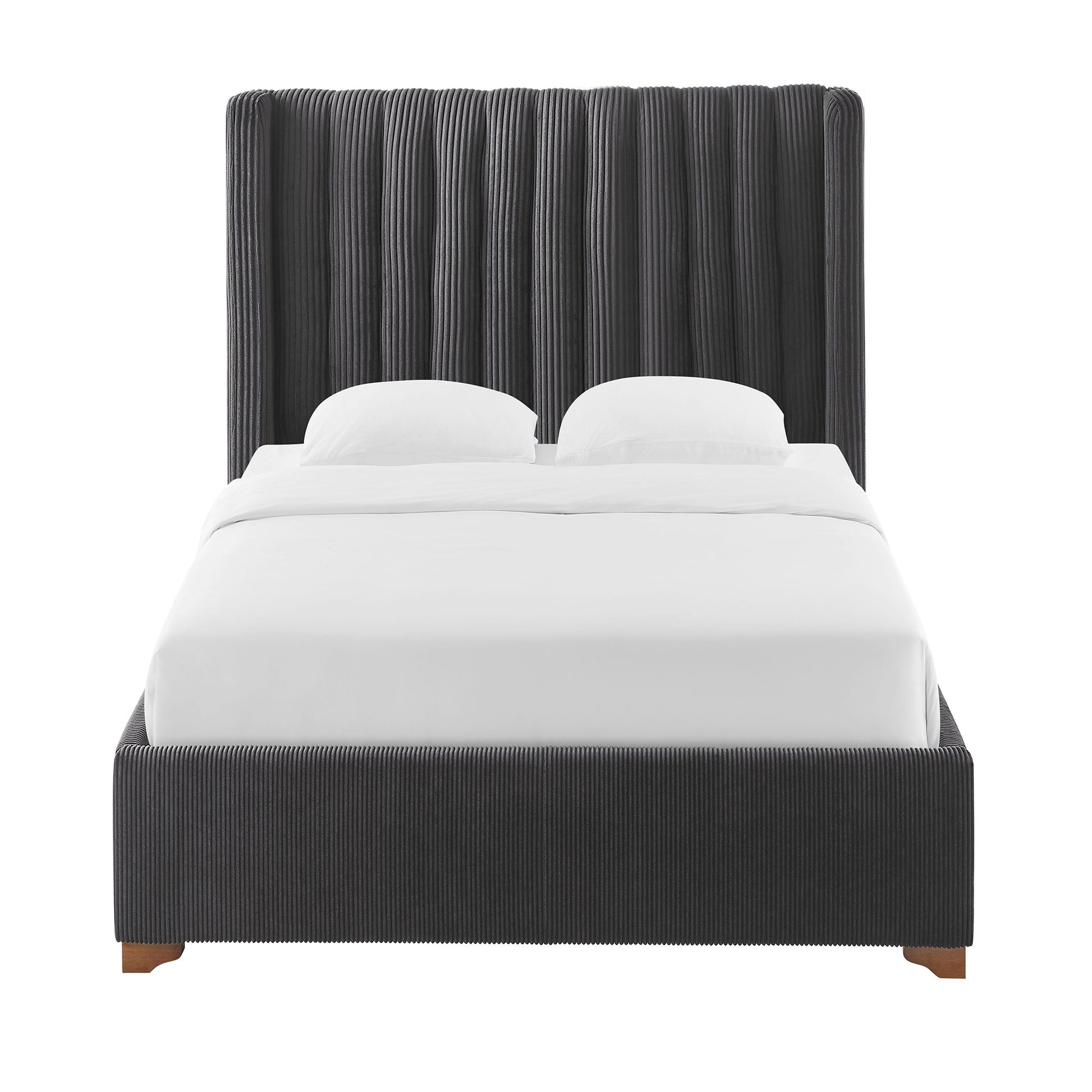 Dark gray upholstered platform bed with vertical channel tufting and wooden feet