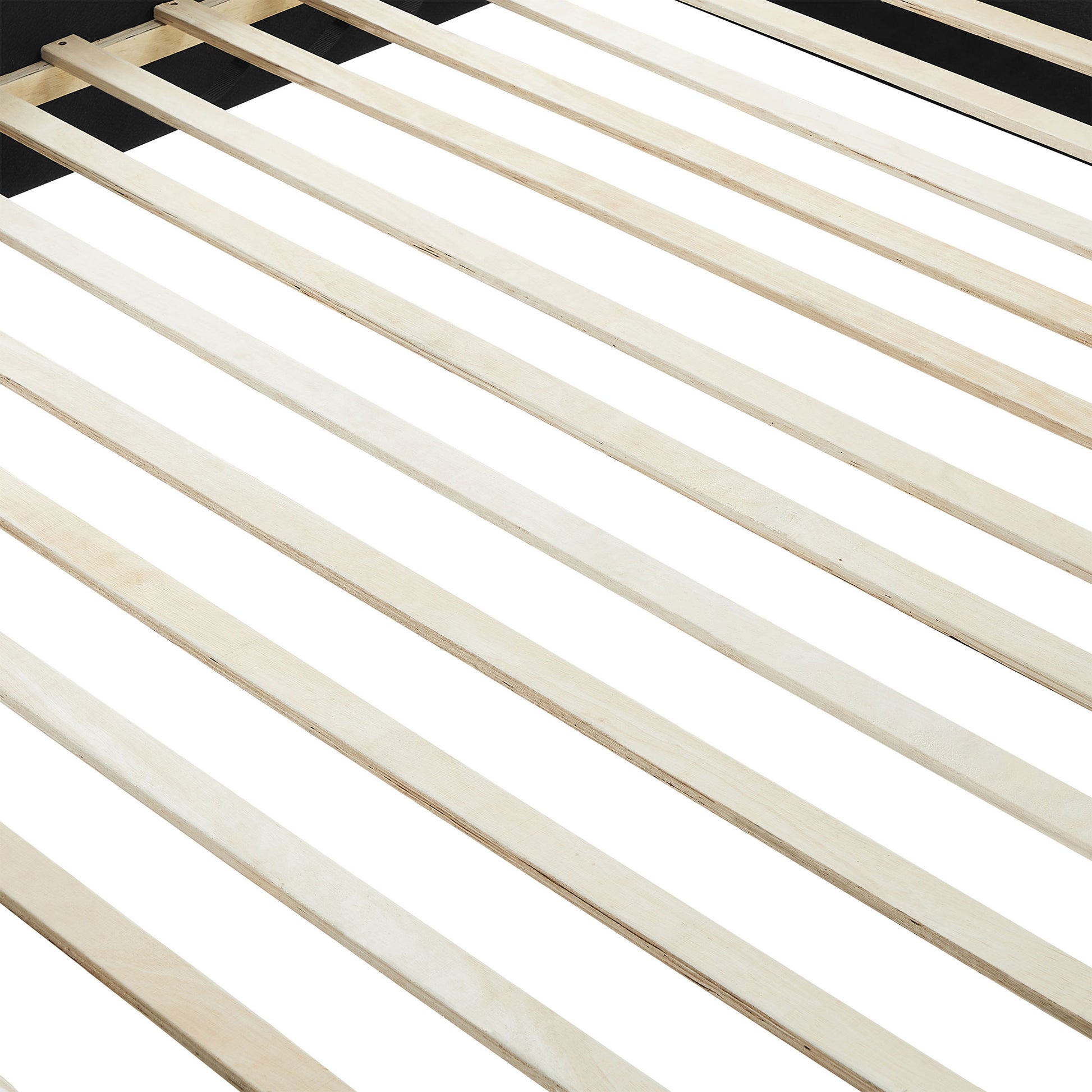 Closeup of natural wood bed slats perfect for mattress support