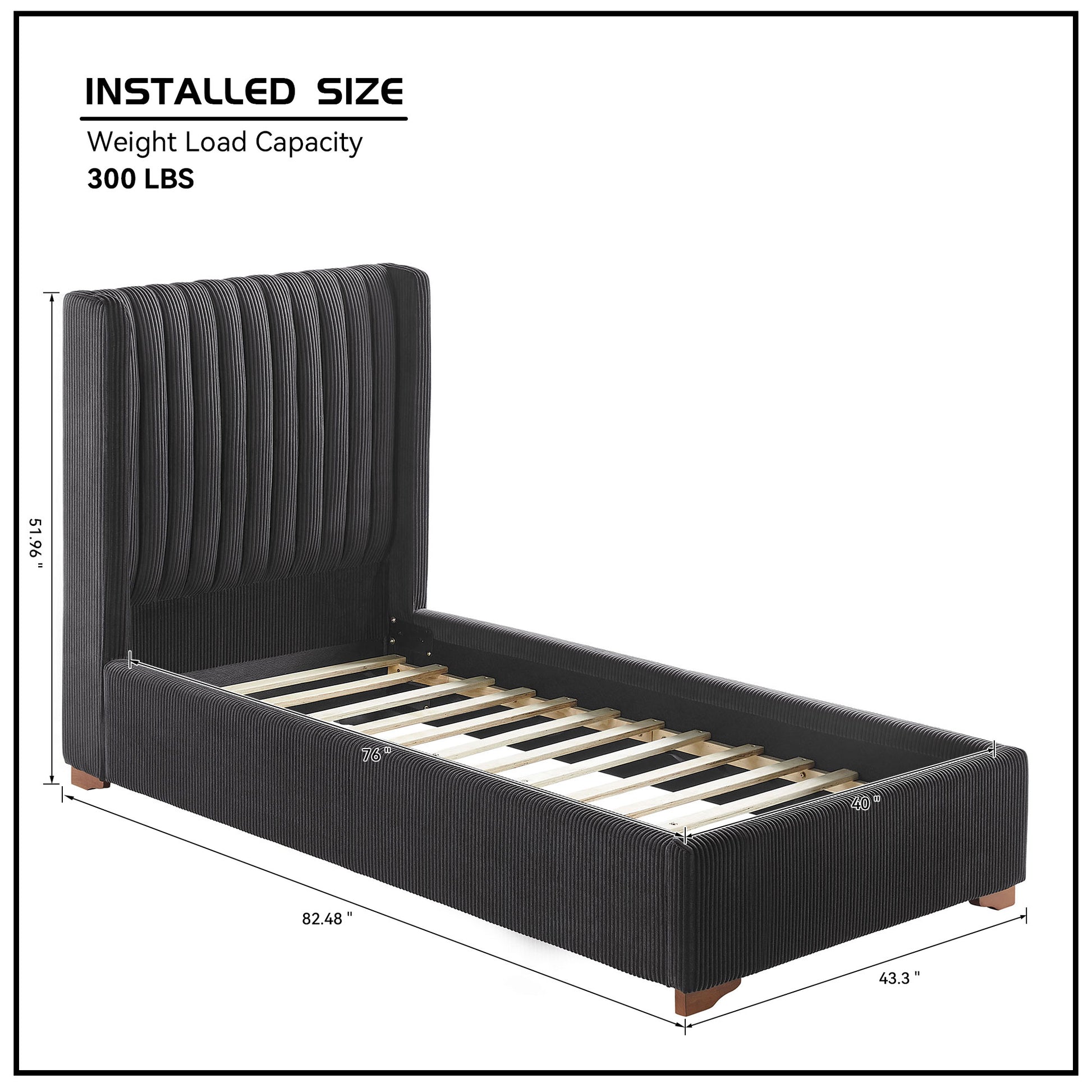 Dark grey corduroy twin bed frame with fluted headboard and wooden slats