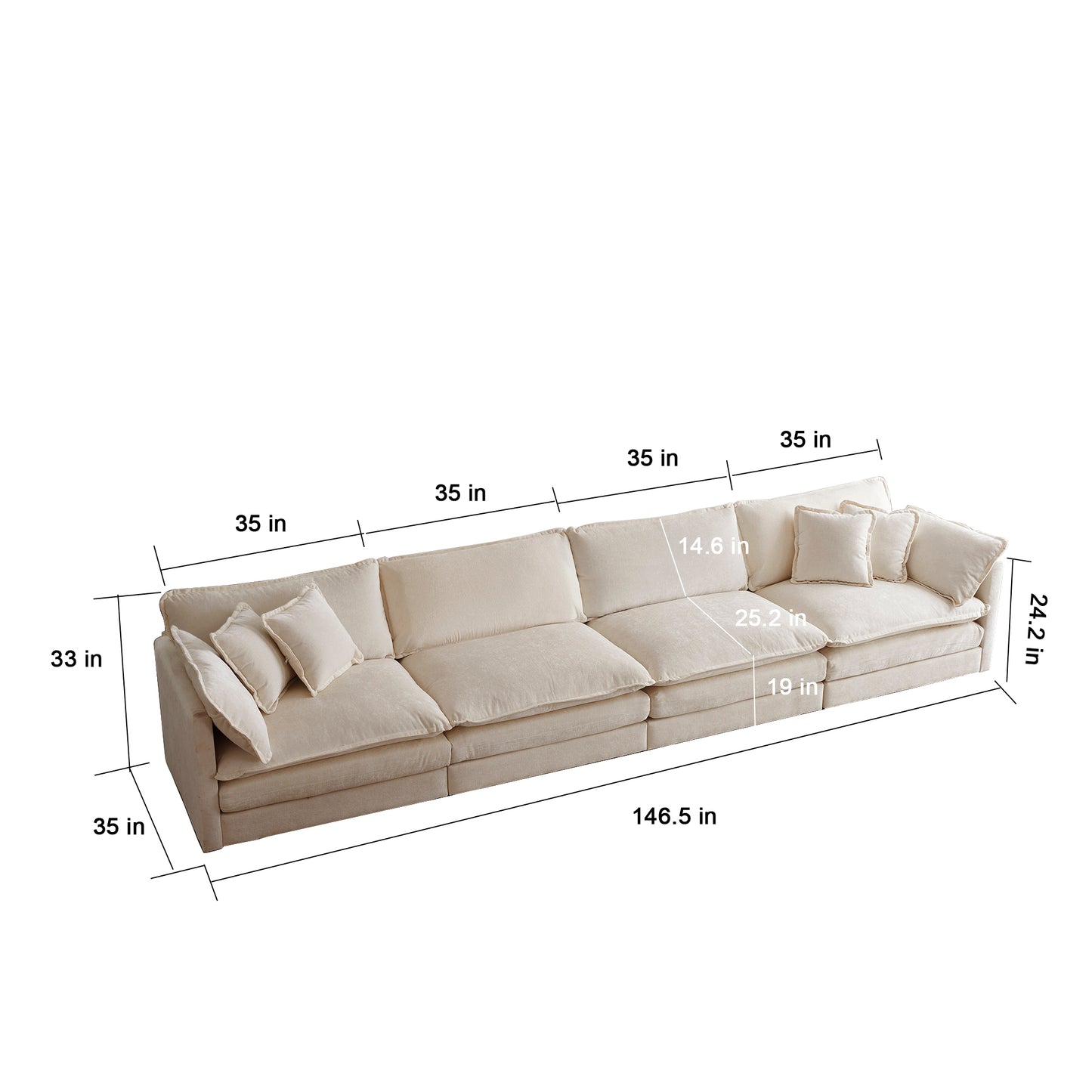 Cream sectional sofa with plush cushions  inches wide