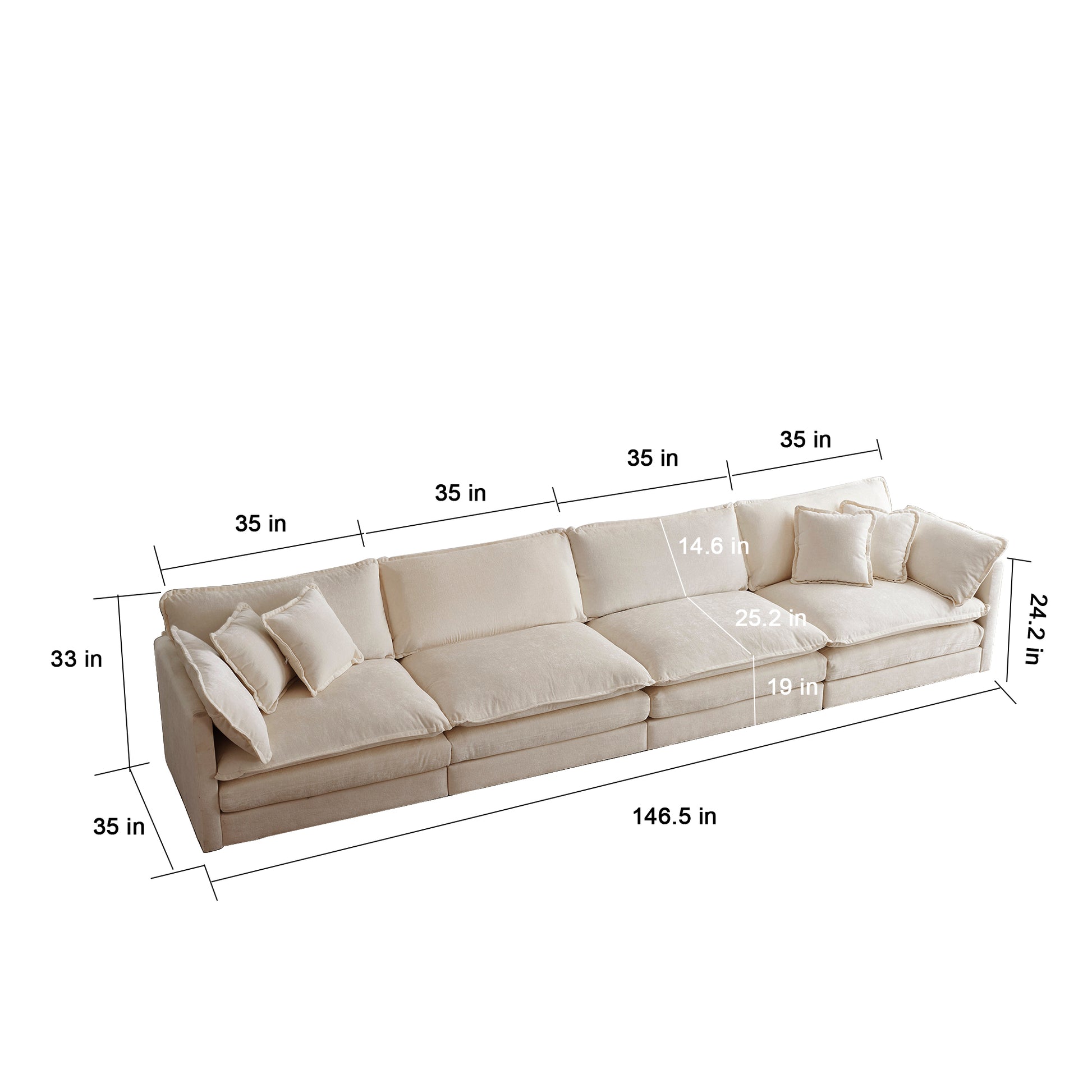 Plush beige sectional sofa with five deep seats and decorative throw pillows